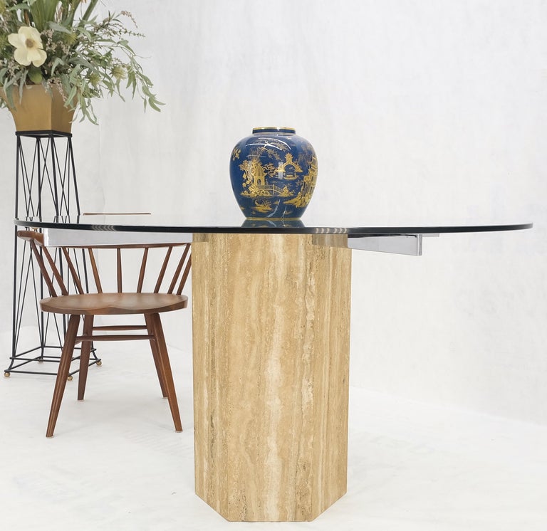 Italian MCM Travertine Hexagon Base Round Glass Top Dining