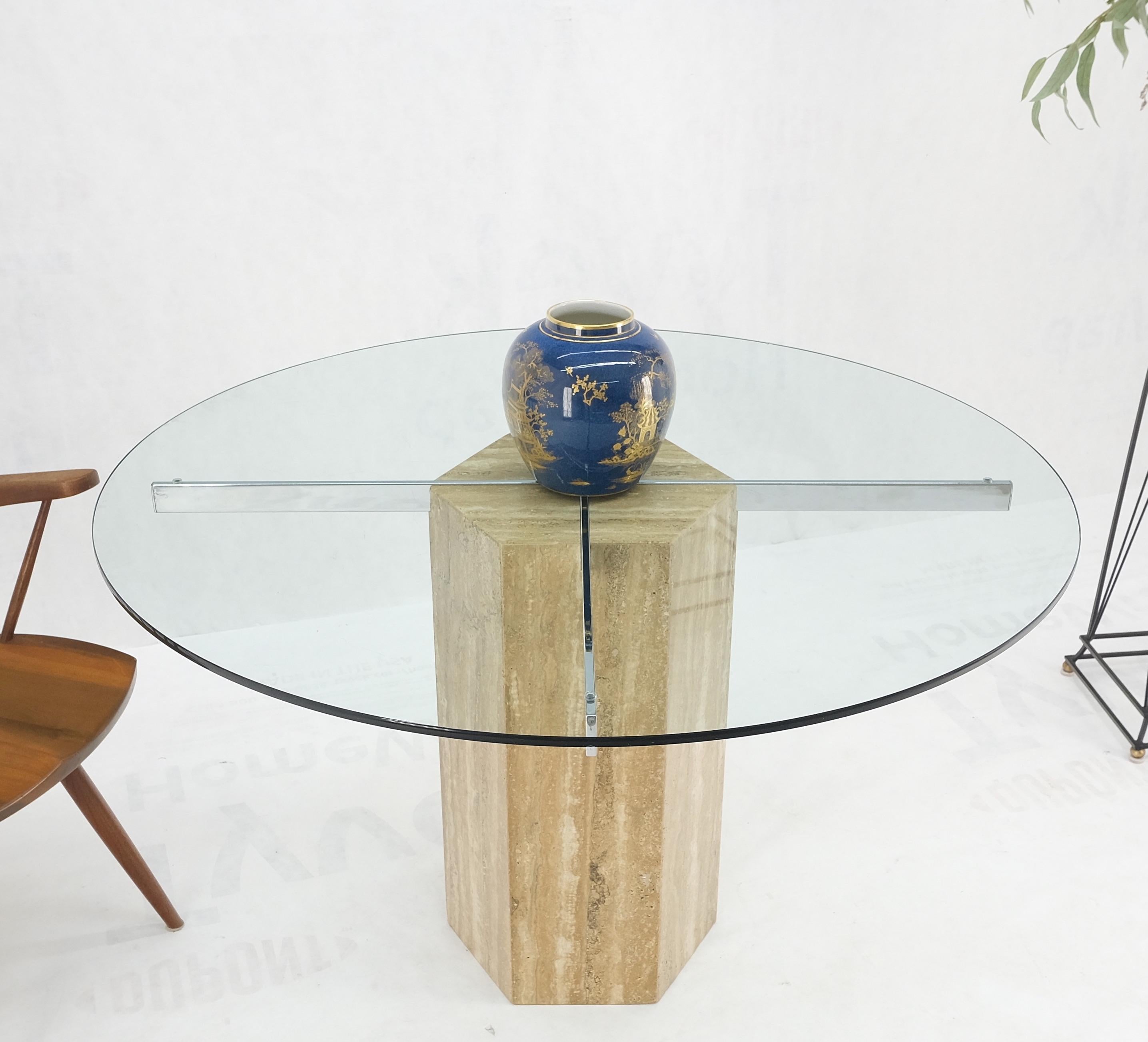 Italian Mid-Century Modern travertine hexagon base round glass top dining dinette table mint!
