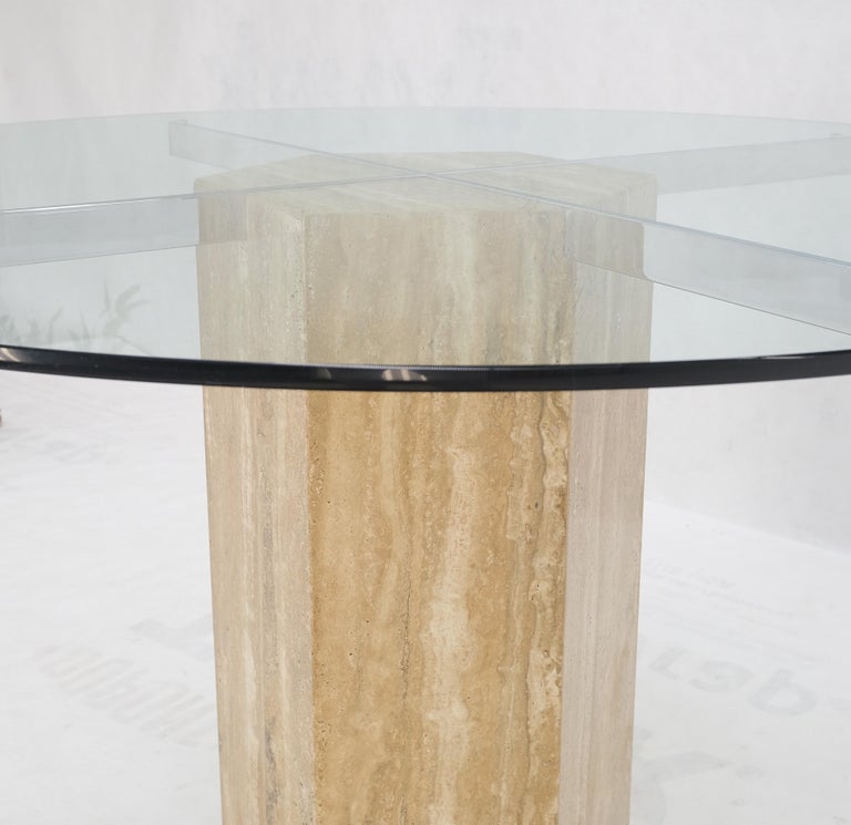 Italian MCM Travertine Hexagon Base Round Glass Top Dining