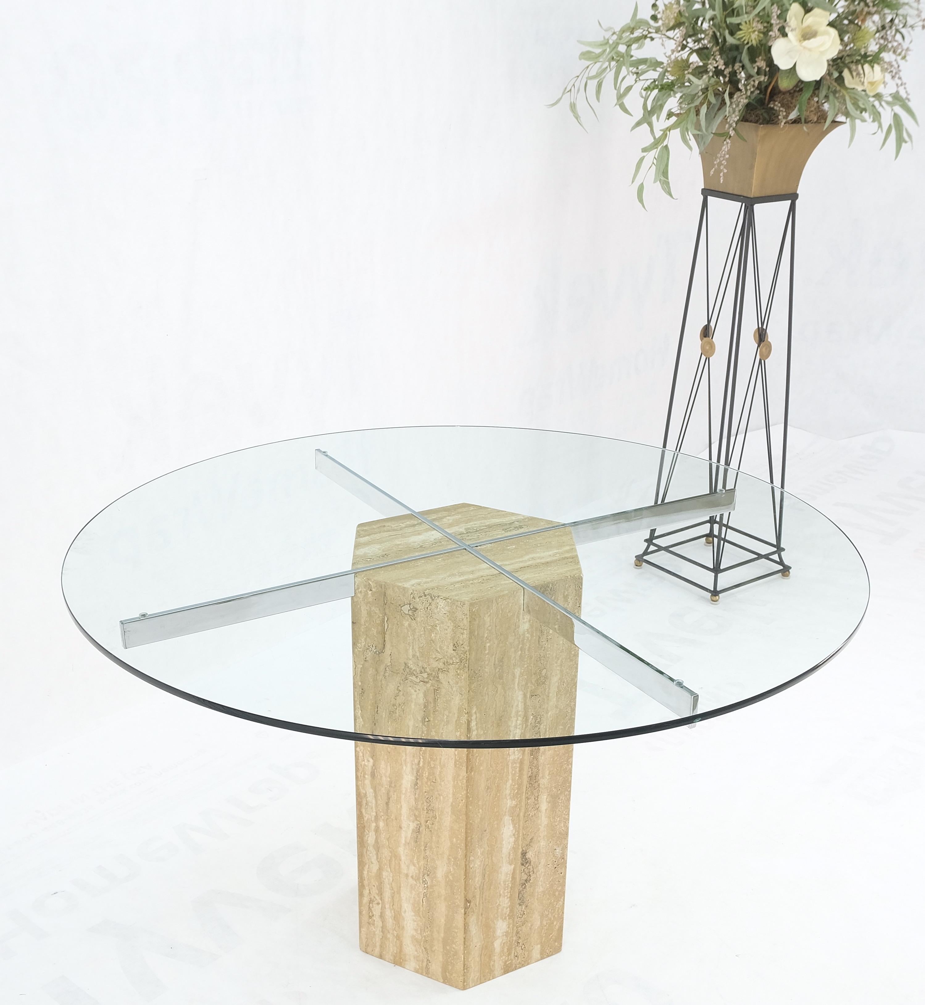 Marble Italian MCM Travertine Hexagon Base Round Glass Top Dining Dinette Table Mint! For Sale