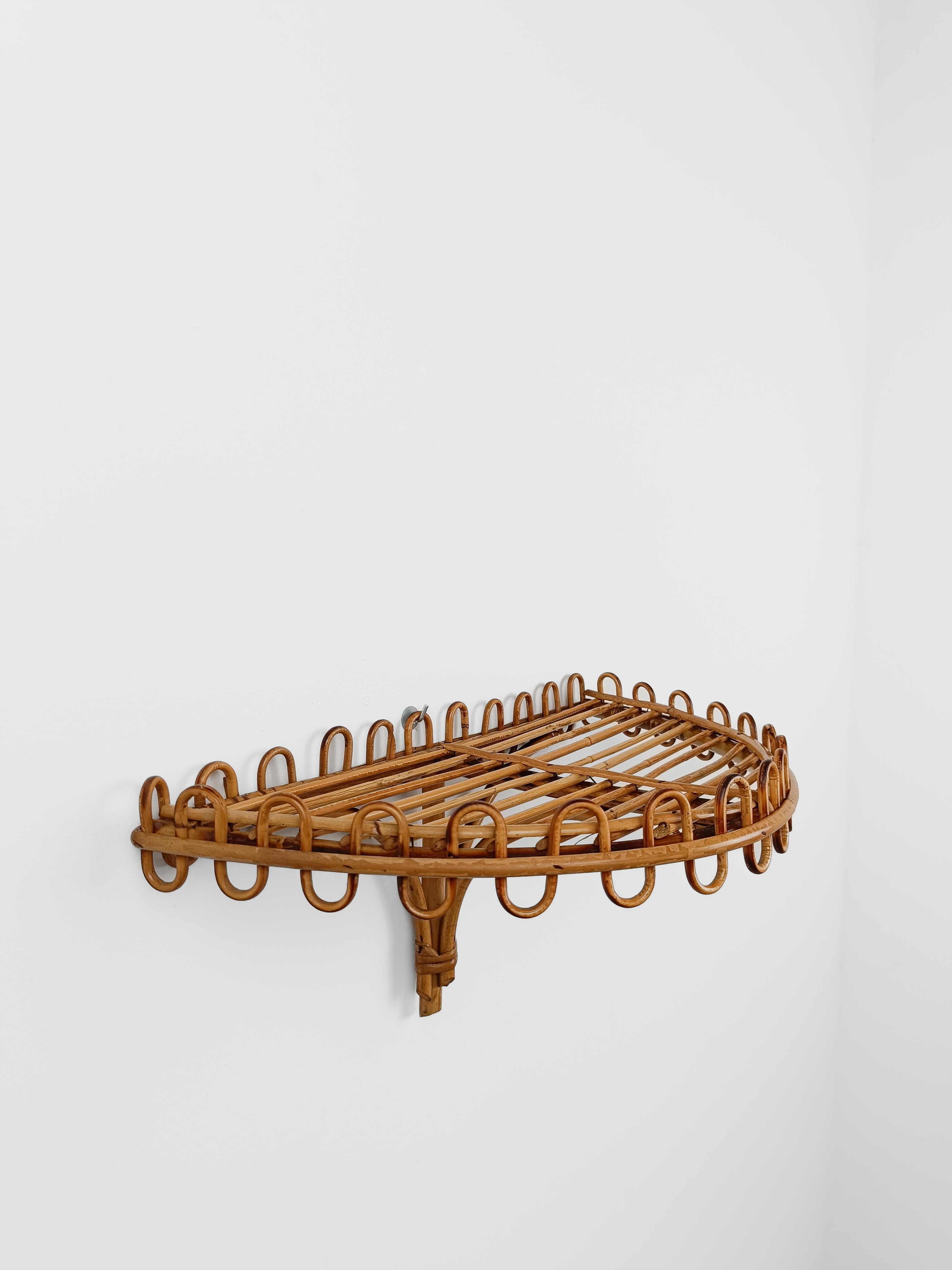 Hand-Crafted Italian Md 20th Century Wall Shelf / Console Table in Bamboo Rattan, I960s