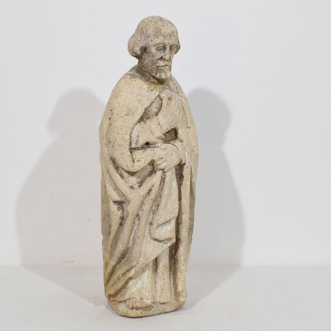Hand-Carved Italian Medieval Gothic Carved Stone Saint Statue For Sale