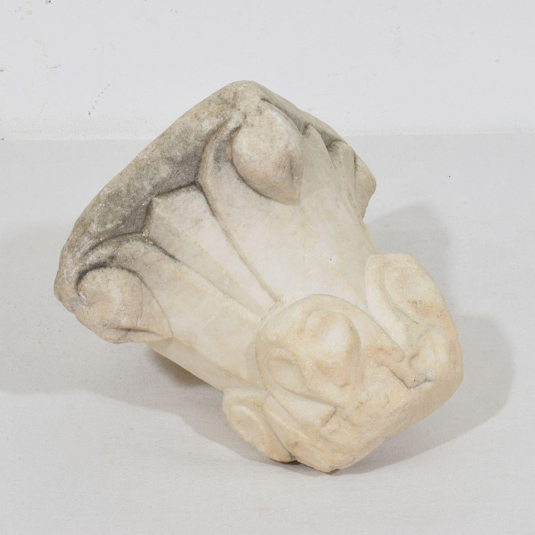 18th Century and Earlier Italian Medieval Romanesque Carved Marble Capital Fragment For Sale