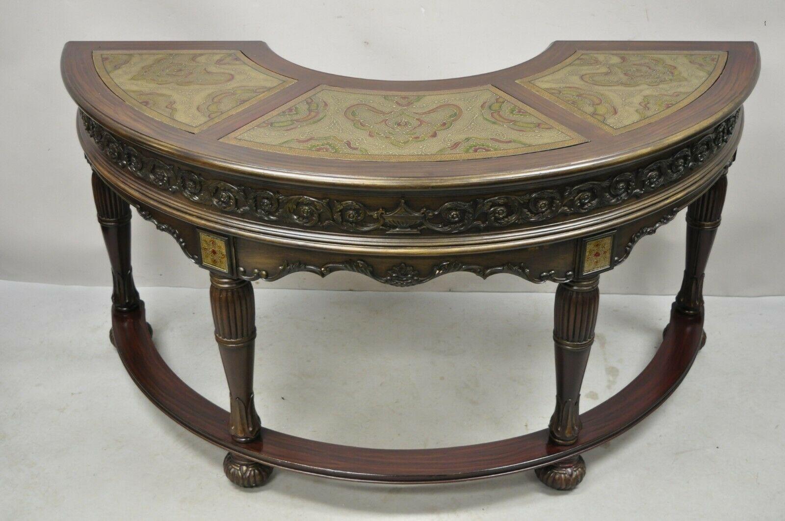 Italian Mediterranean style half round demilune 3 drawer desk. Item features a half round demilune form, removable inset glass panels, Center glass can be changed to writing surface. (see pics 4-6), 3 drawers, great style and form. Late 20th - Early