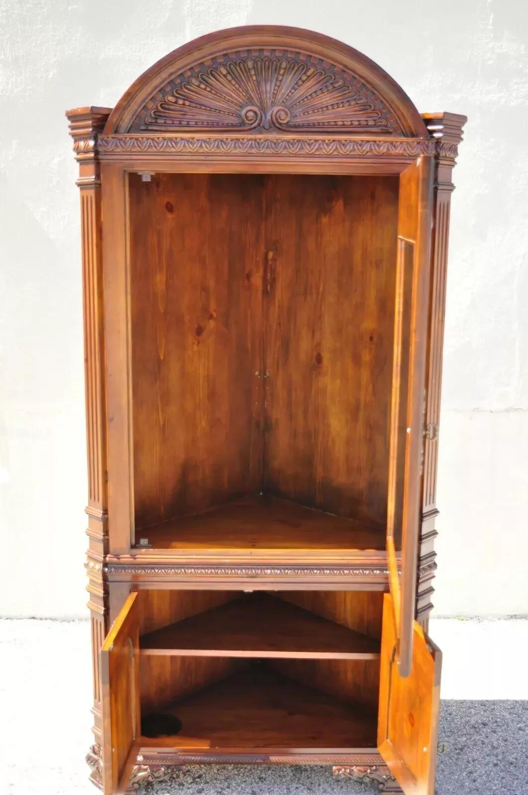 Glass Italian Mediterranean Style Shell Carved Pine Wood Corner China Cabinet Cupboard For Sale