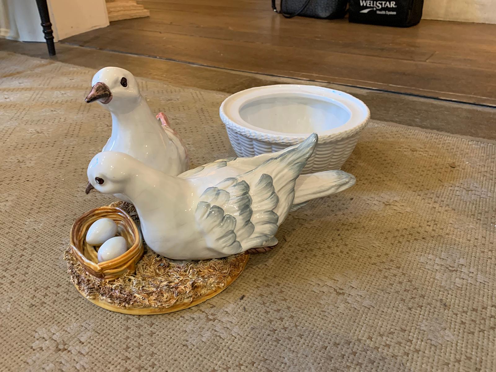 Italian Meiselman Porcelain Pair of Lovebird White Doves in Nest Lidded Basket 5