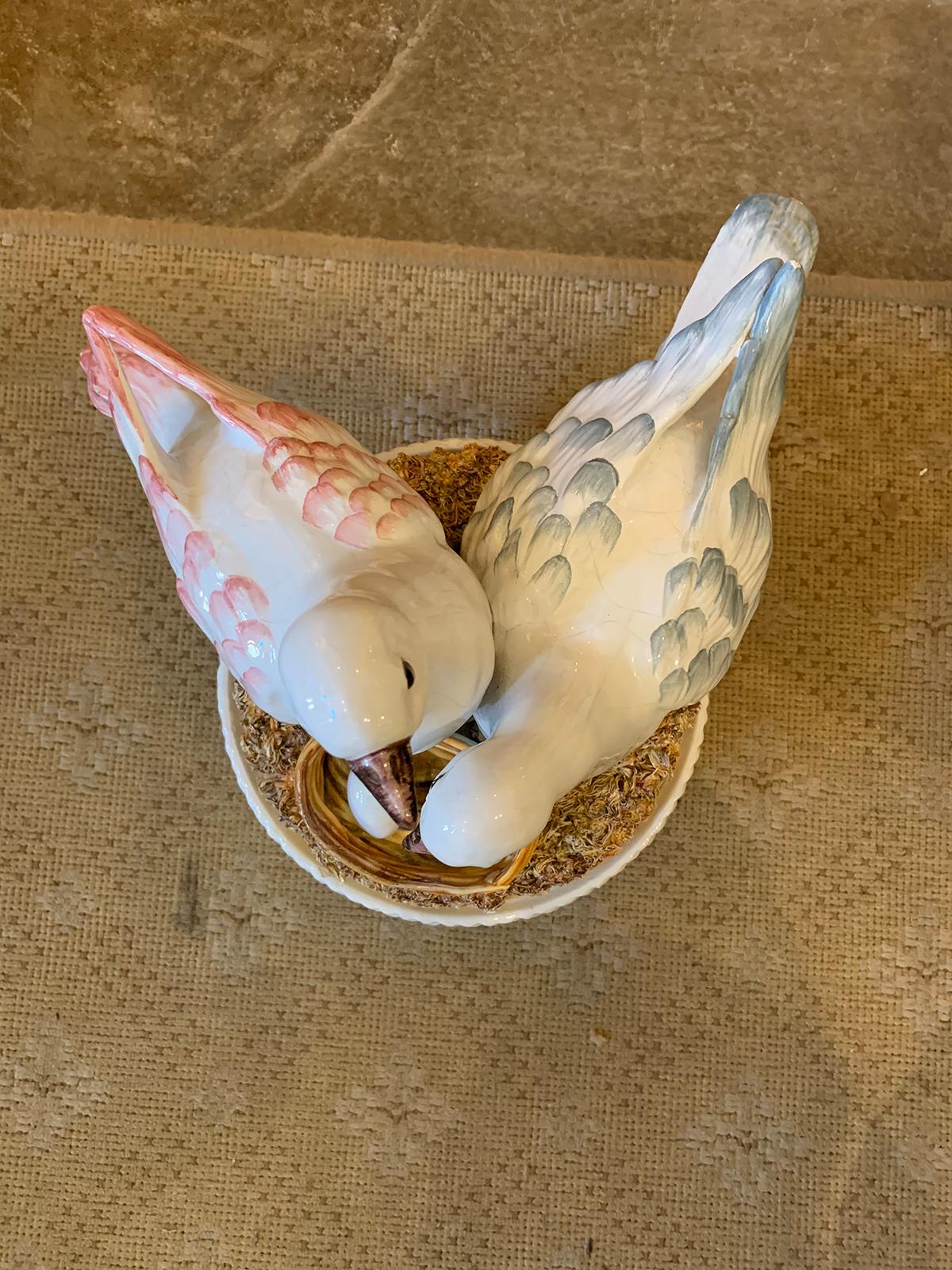 Italian Meiselman Porcelain Pair of Lovebird White Doves in Nest Lidded Basket 8