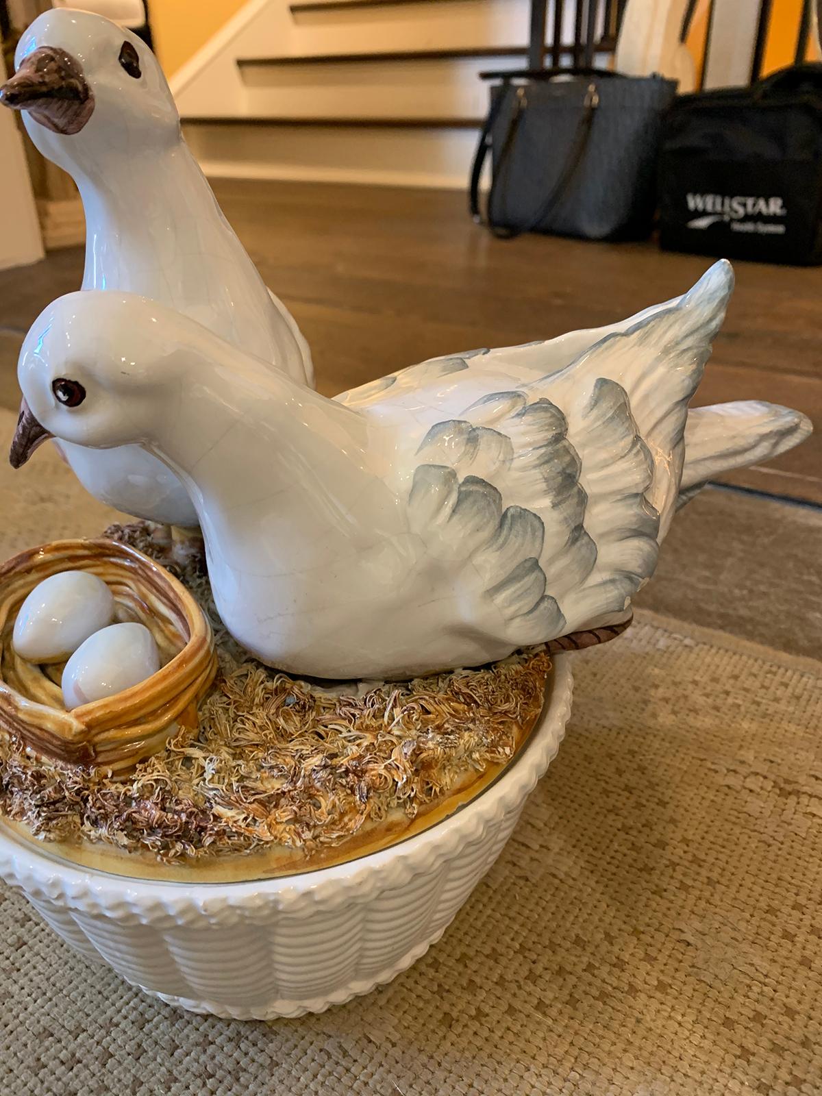Italian Meiselman Porcelain Pair of Lovebird White Doves in Nest Lidded Basket 9