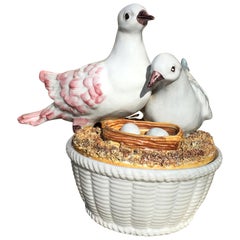 Italian Meiselman Porcelain Pair of Lovebird White Doves in Nest Lidded Basket