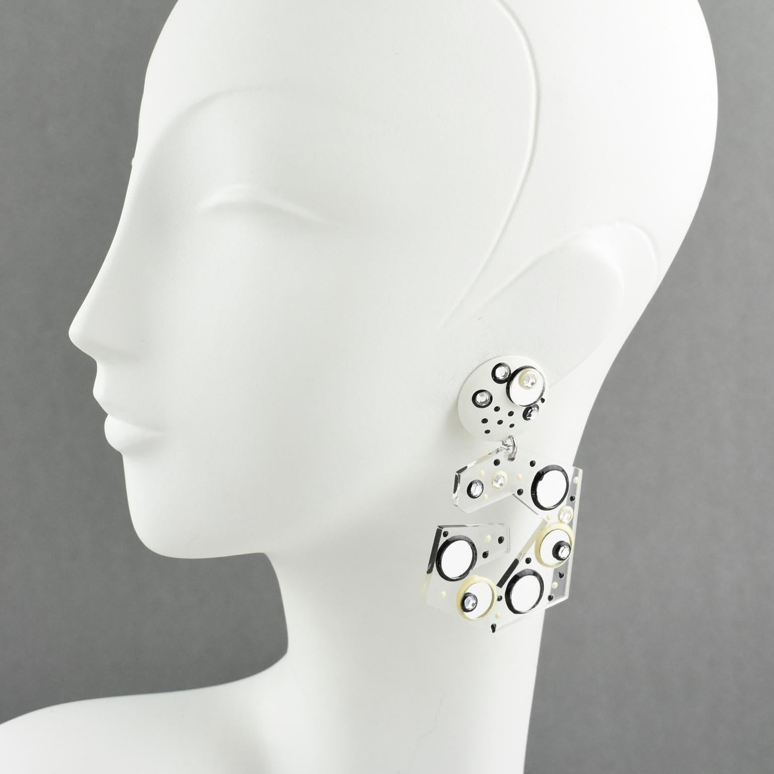 Modernist Italian Memphis Style Oversized Open Loop Lucite Clip Earrings