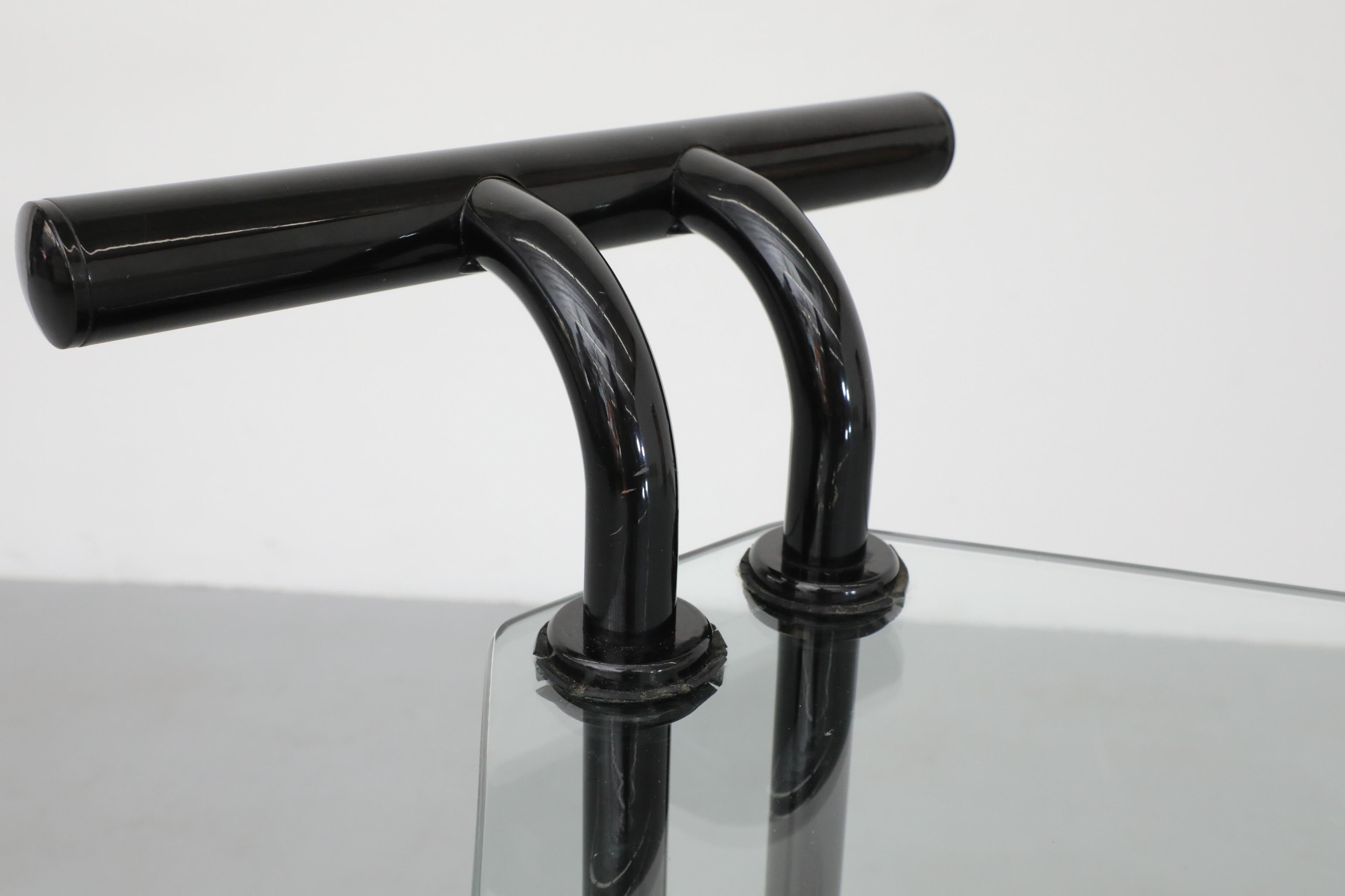 Italian Memphis Style Two Tiered Rolling Bar Cart with Black Frame and Glass Top For Sale 5