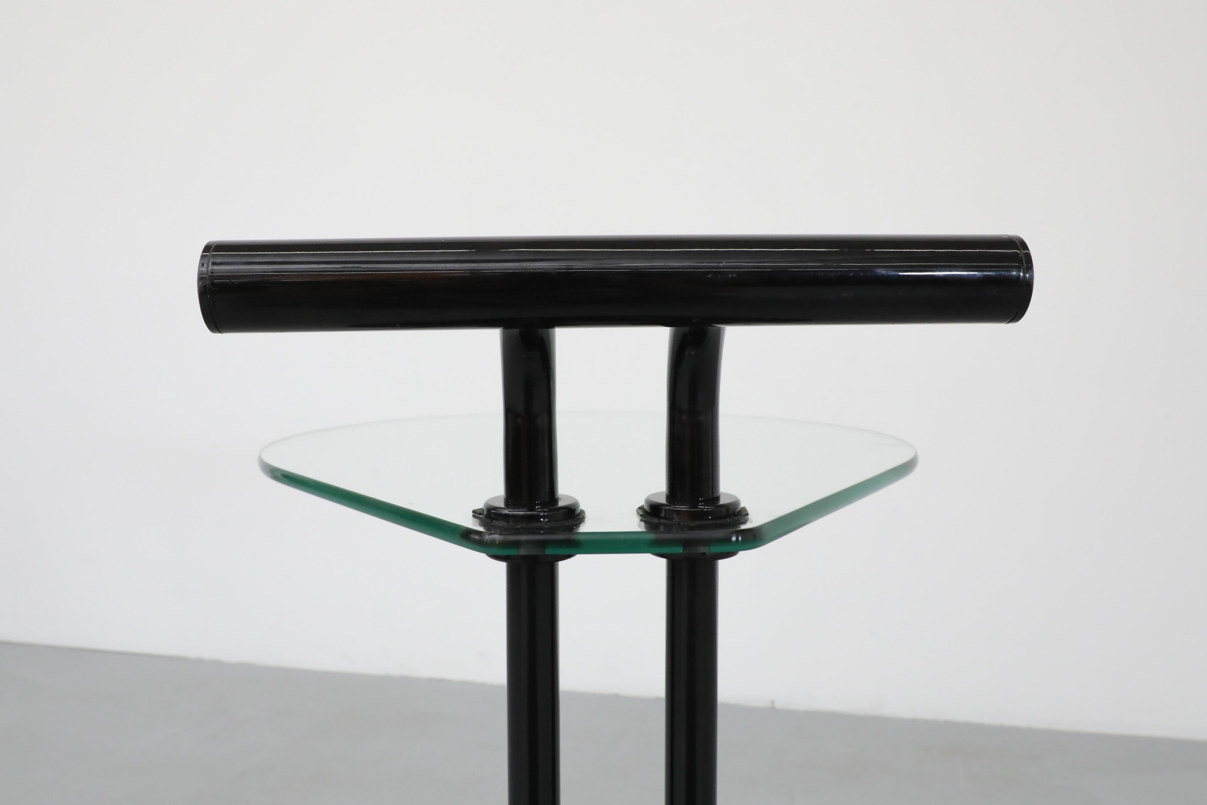 Italian Memphis Style Two Tiered Rolling Bar Cart with Black Frame and Glass Top For Sale 11