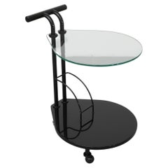 Italian Memphis Style Two Tiered Rolling Bar Cart w/ Black Frame & Glass Top