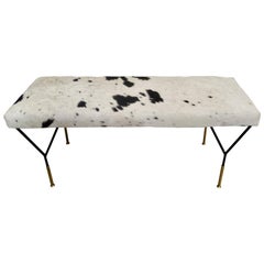 Italian Metal and Brass Midcentury Style Bench in White and Black Cowhide