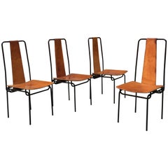 Italian Metal and Cognac Leather Chairs, 1980s