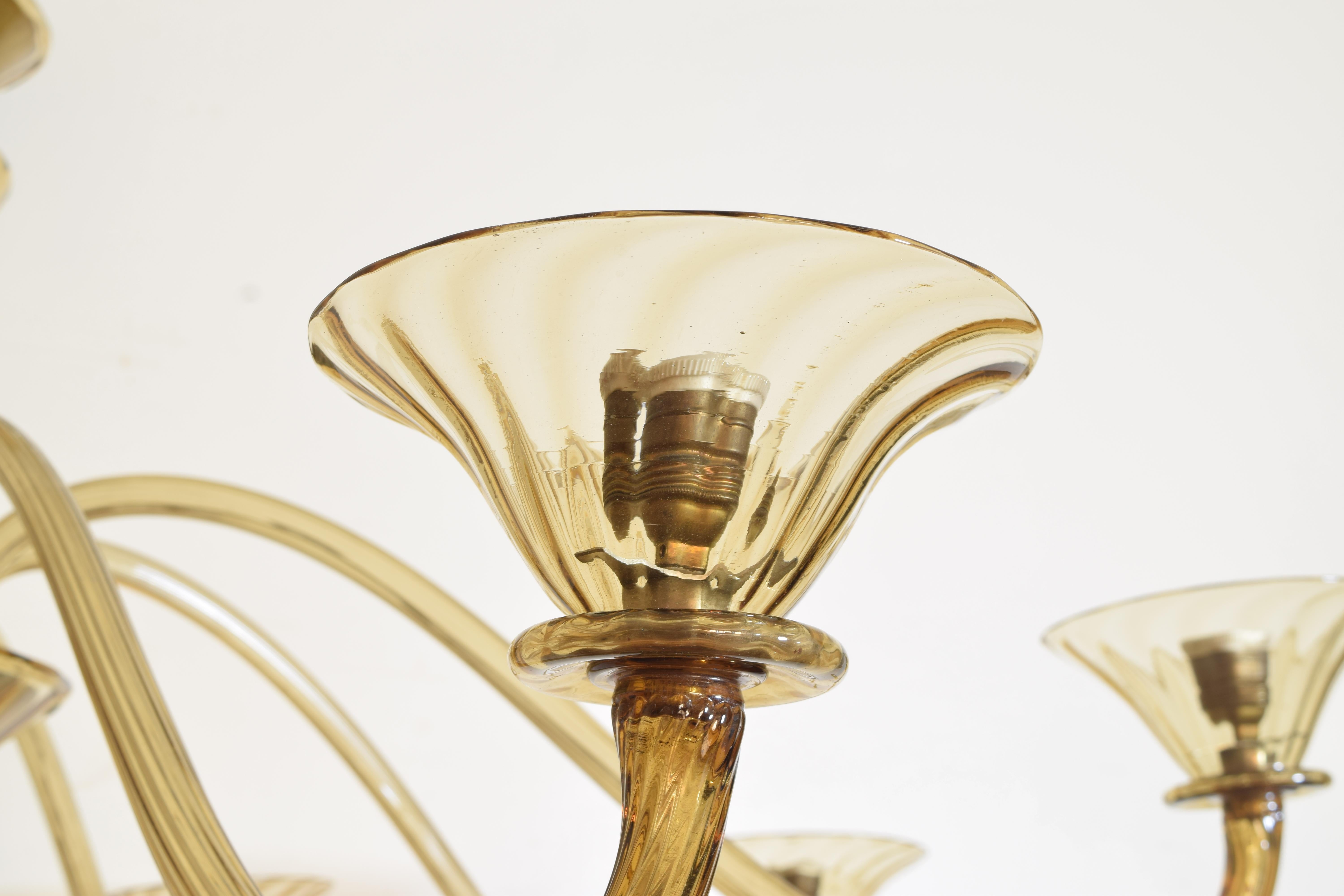 Italian Metal and Murano Glass 8-Light Chandelier, MVM Cappellin, circa 1920 8