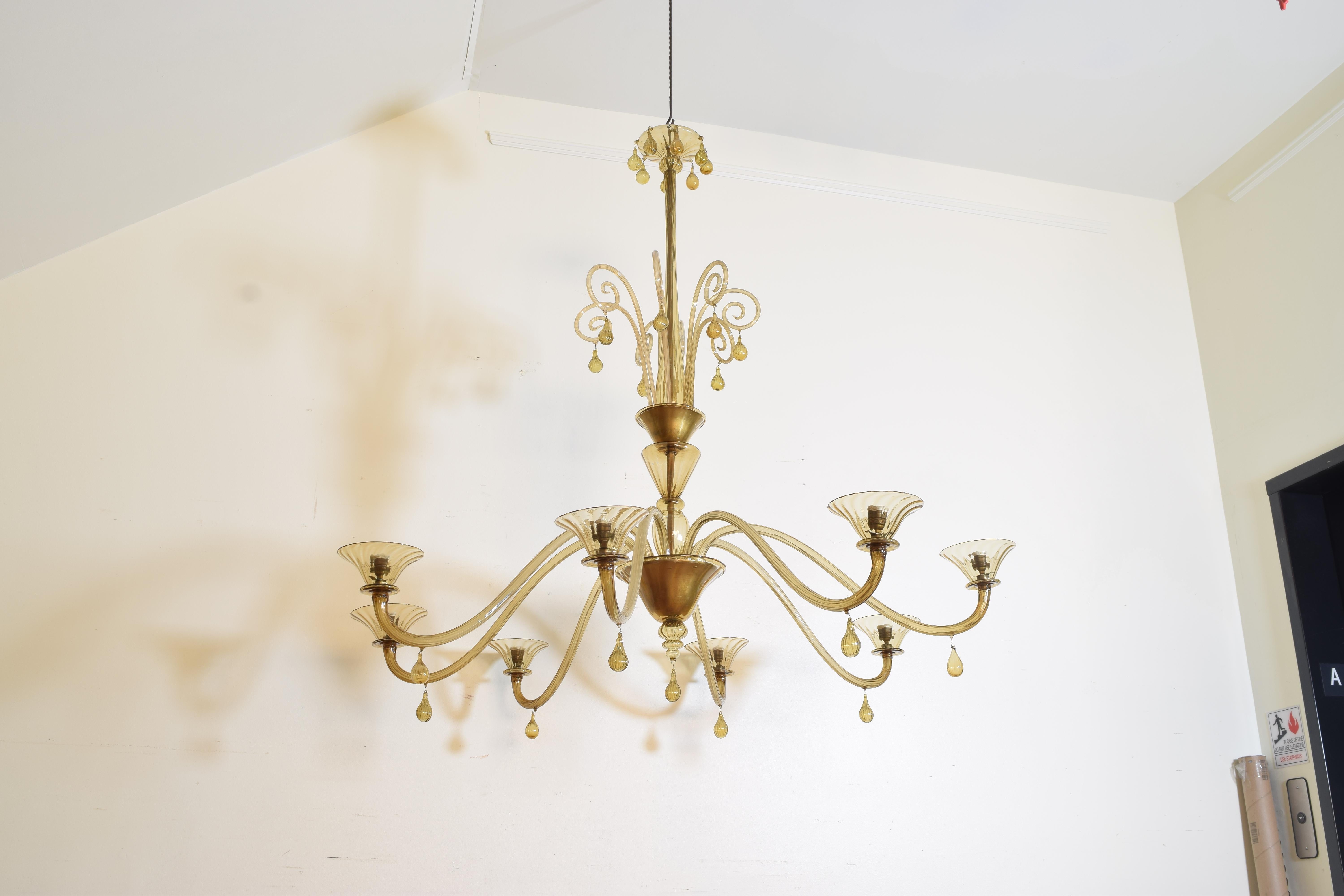 Early 20th Century Italian Metal and Murano Glass 8-Light Chandelier, MVM Cappellin, circa 1920