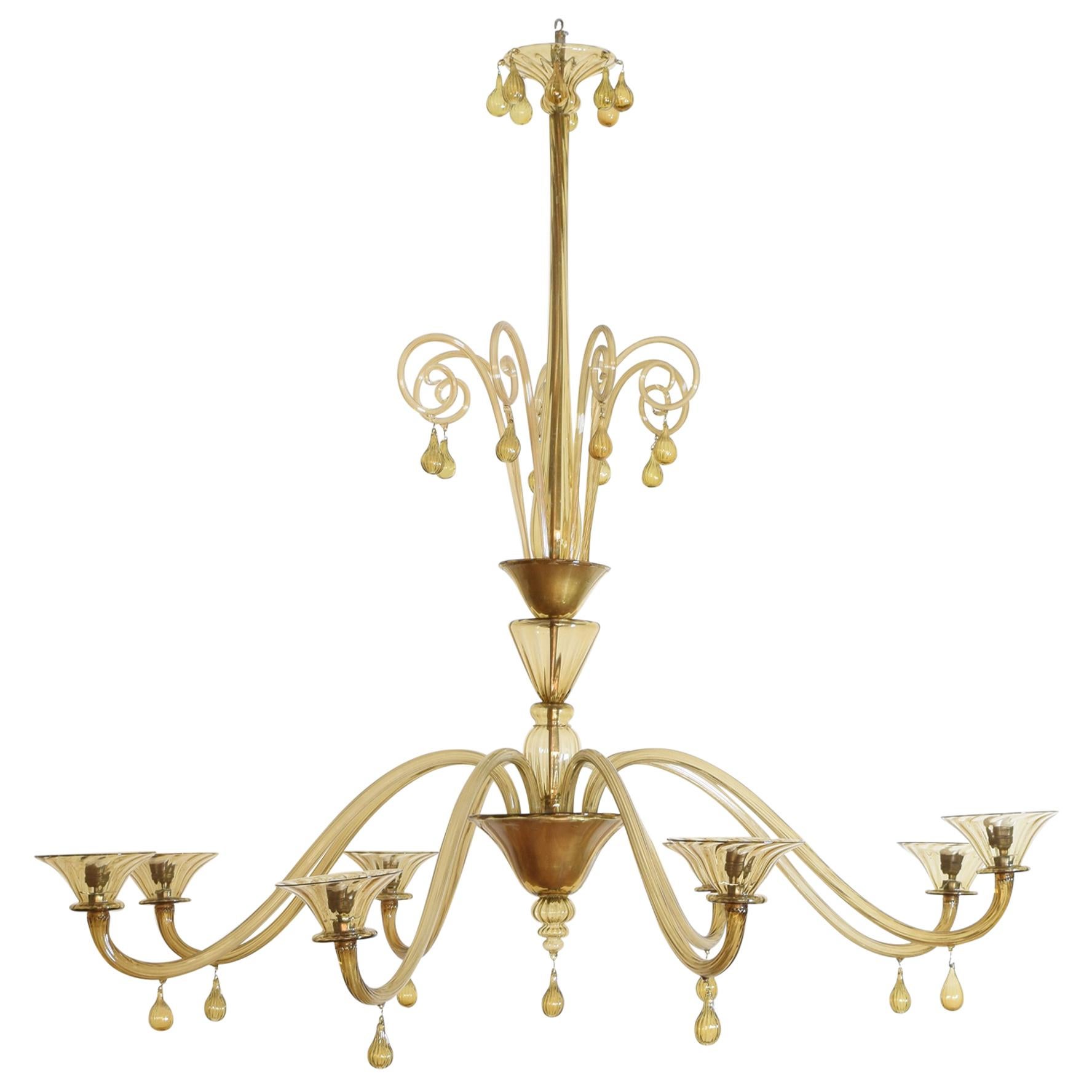 Italian Metal and Murano Glass 8-Light Chandelier, MVM Cappellin, circa 1920