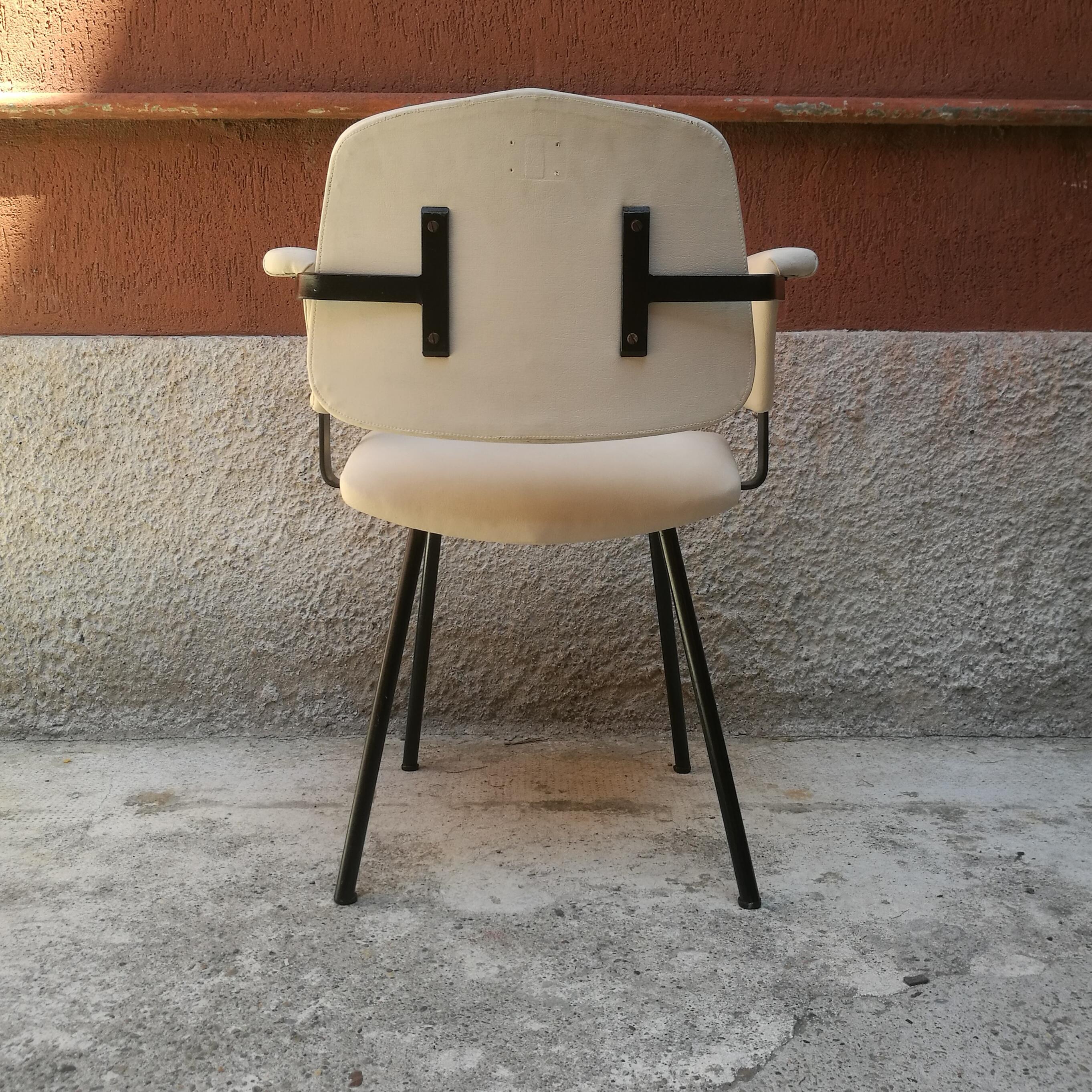 Mid-Century Modern Italian Metal and White Leather Desk Chair with Armrests, 1960s