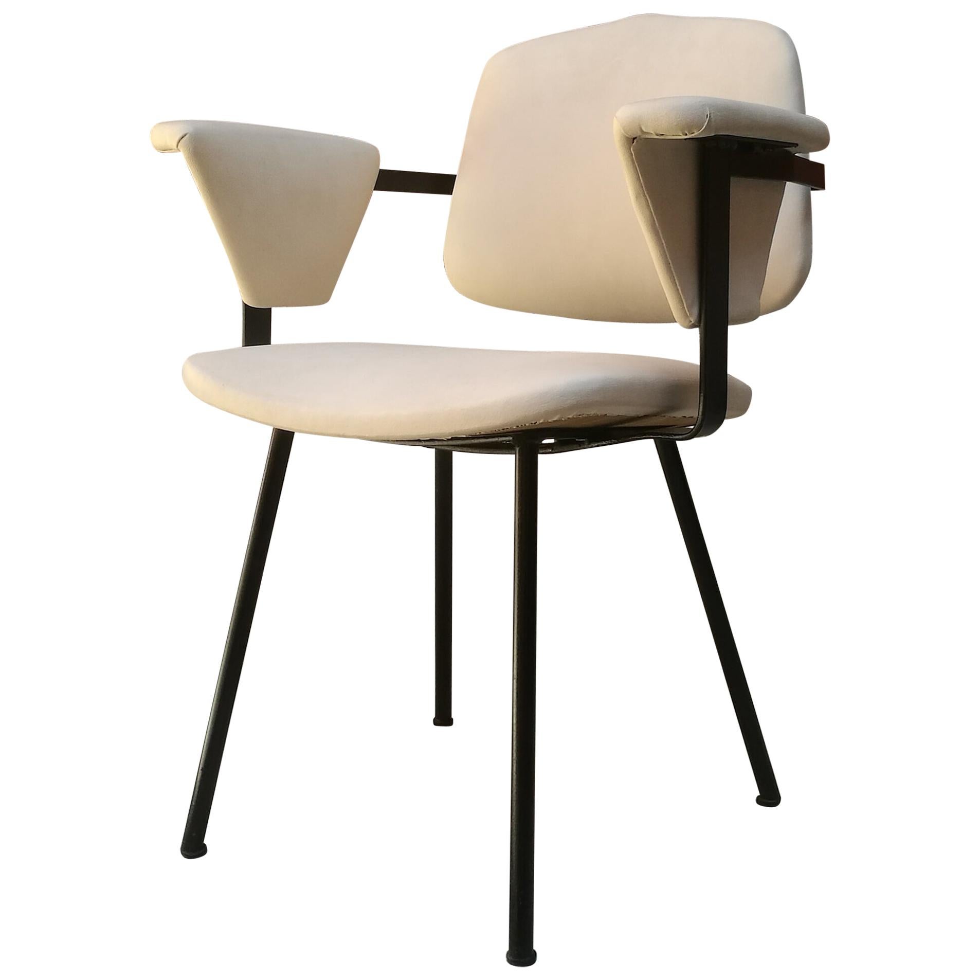 Italian Metal and White Leather Desk Chair with Armrests, 1960s