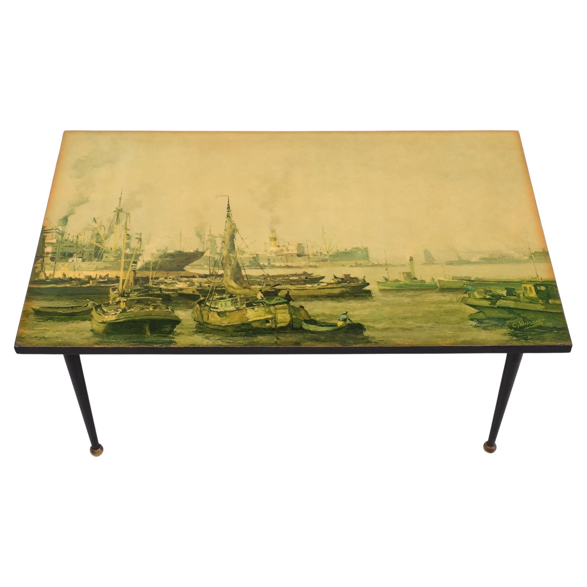   Italian Metal, Brass, and Print  Coffee Table, 1950s For Sale