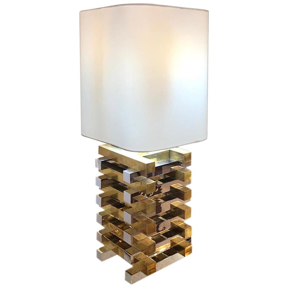 Italian Metal Brass and Steel Geometric White Lampshade Table Lamp, 1970s