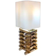Italian Metal Brass and Steel Geometric White Lampshade Table Lamp, 1970s