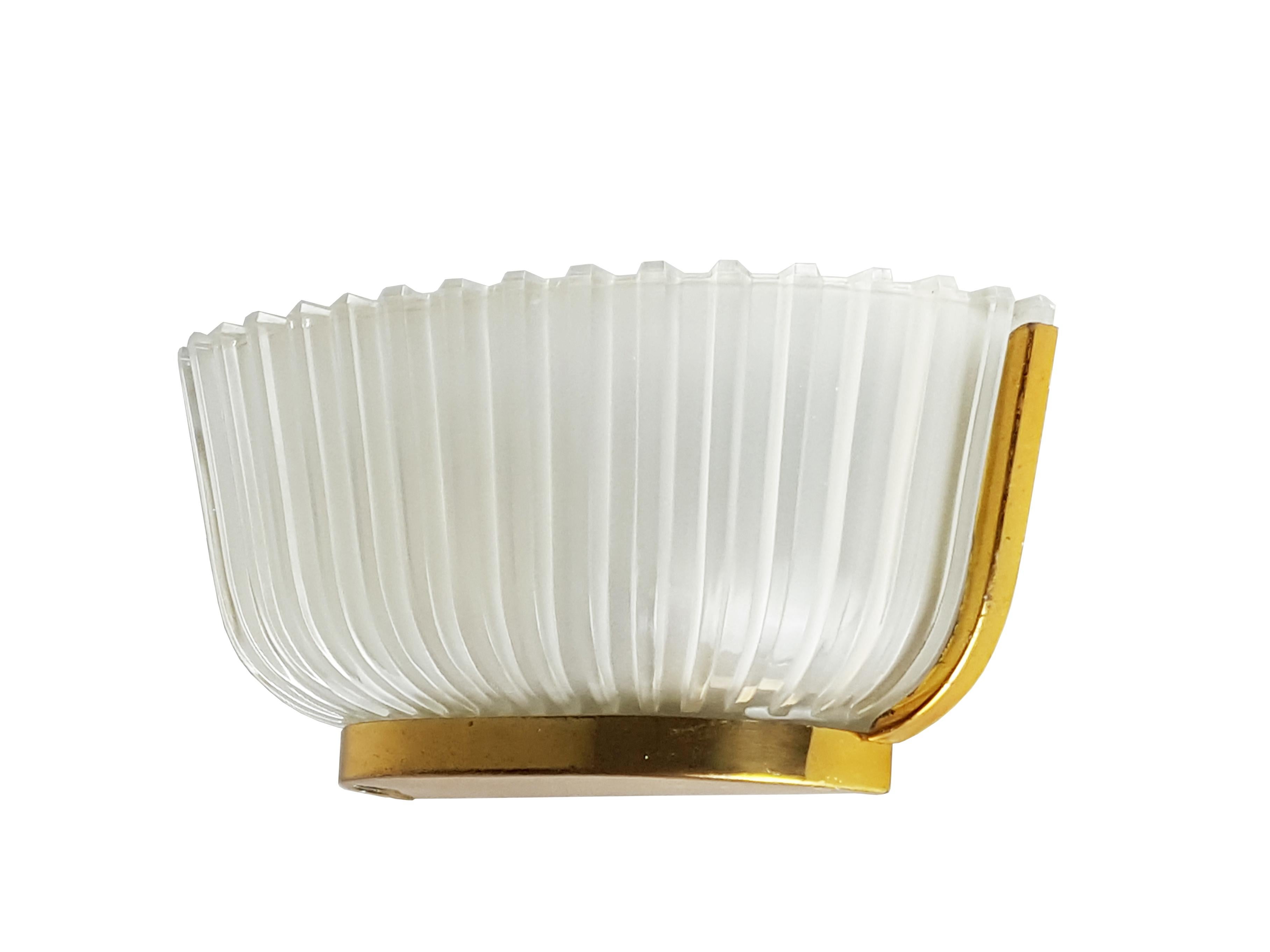 Vintage Italian sconce made from metal, brass and molded glass shade. Lamp features 2 light holders (E27 measure) and remains in very good condition: one small chipping on the glass as showed in picture.