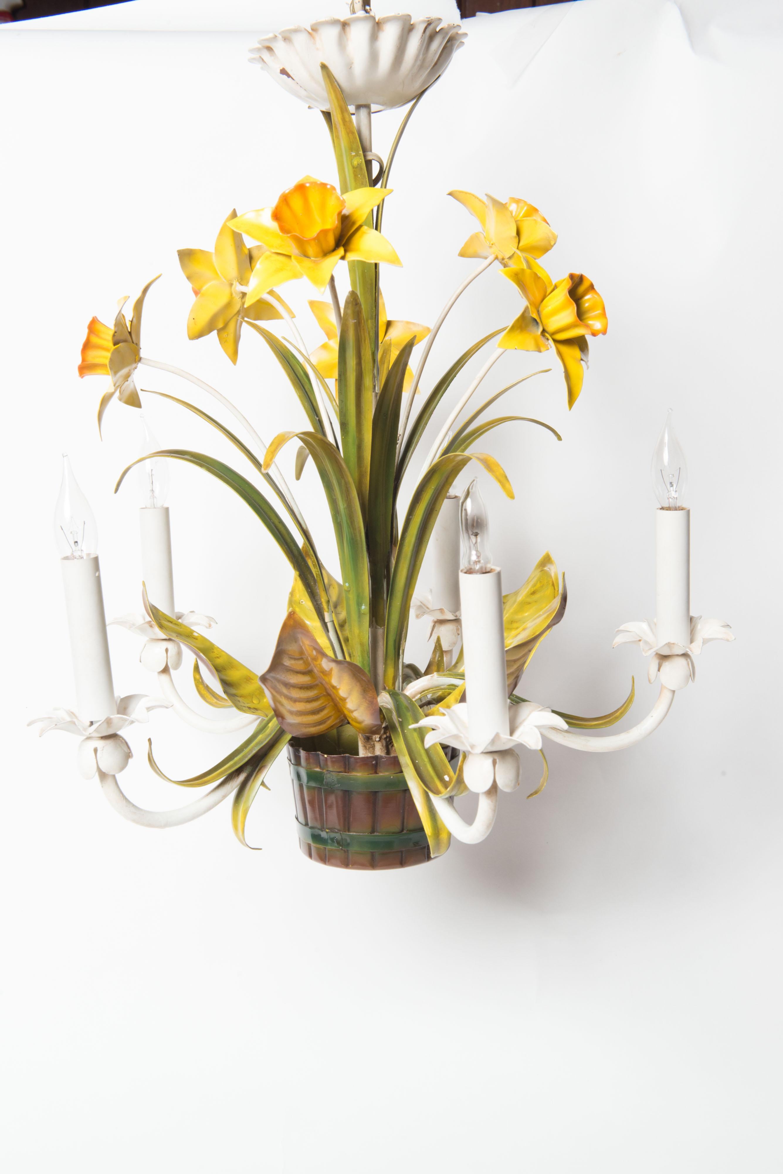 Hollywood Regency Italian Metal Daffodil Chandelier For Sale