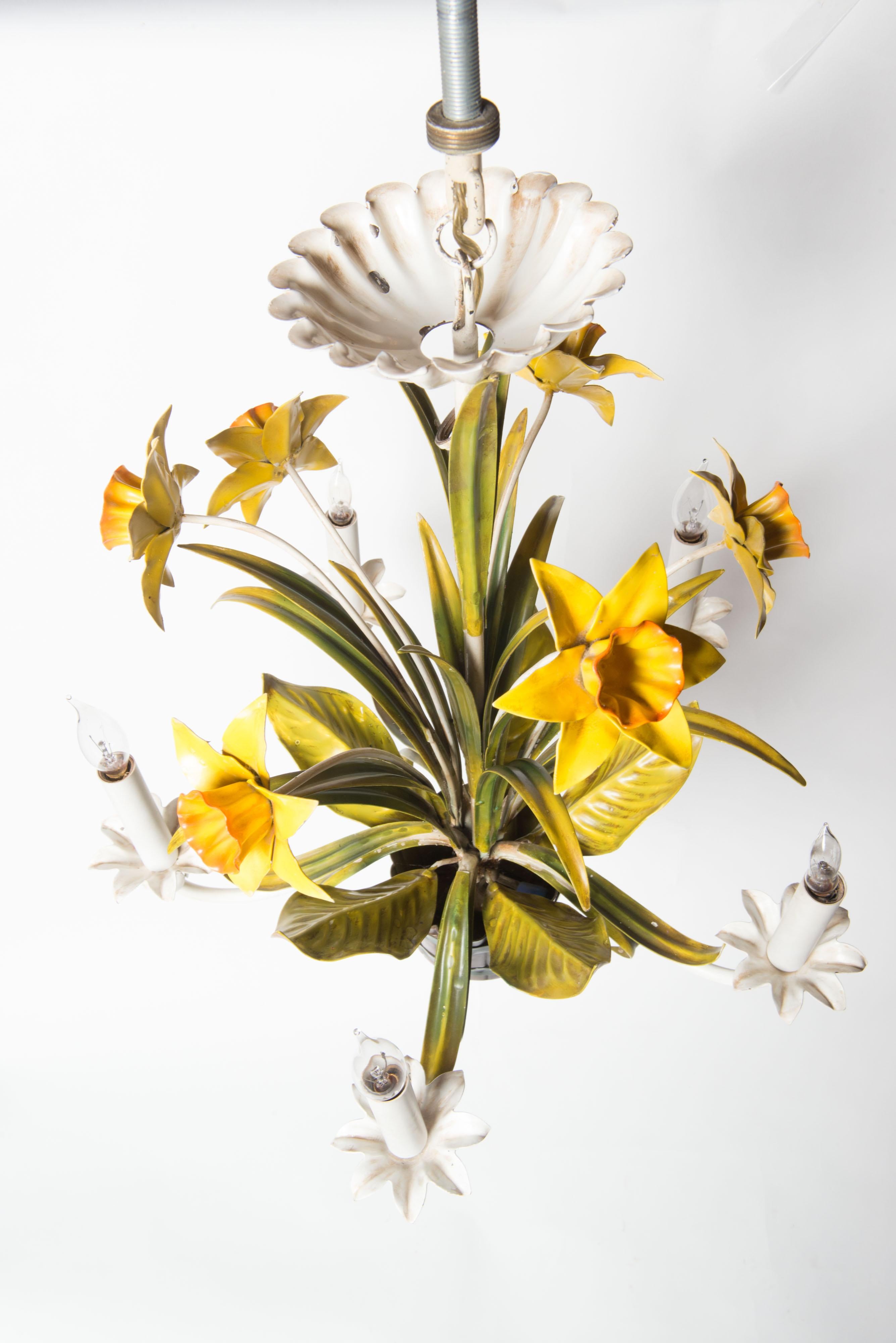 Hand-Painted Italian Metal Daffodil Chandelier