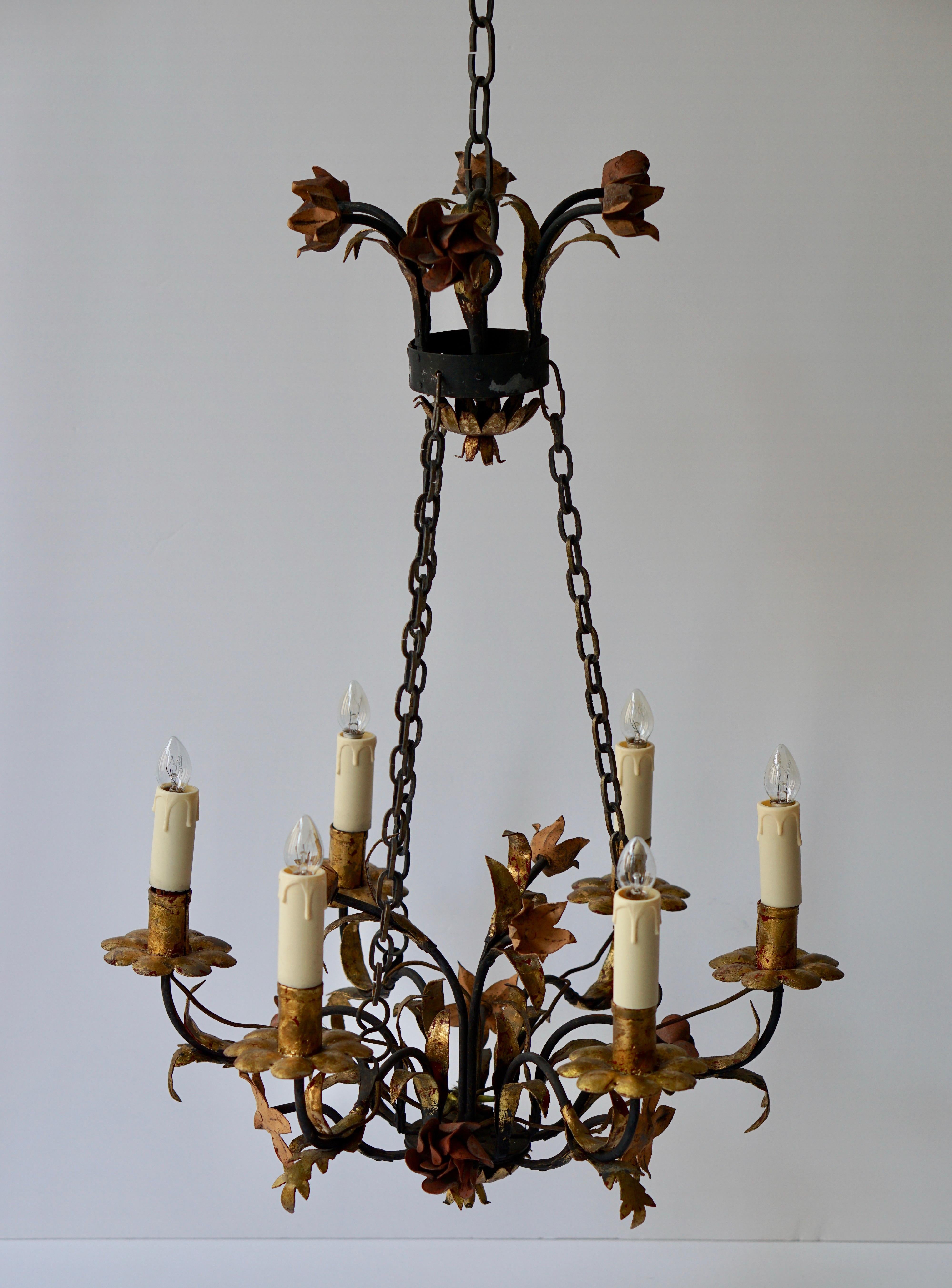 Mid-Century Modern Italian Metal Painted and Gilt Six-Light Chandelier with Flowers