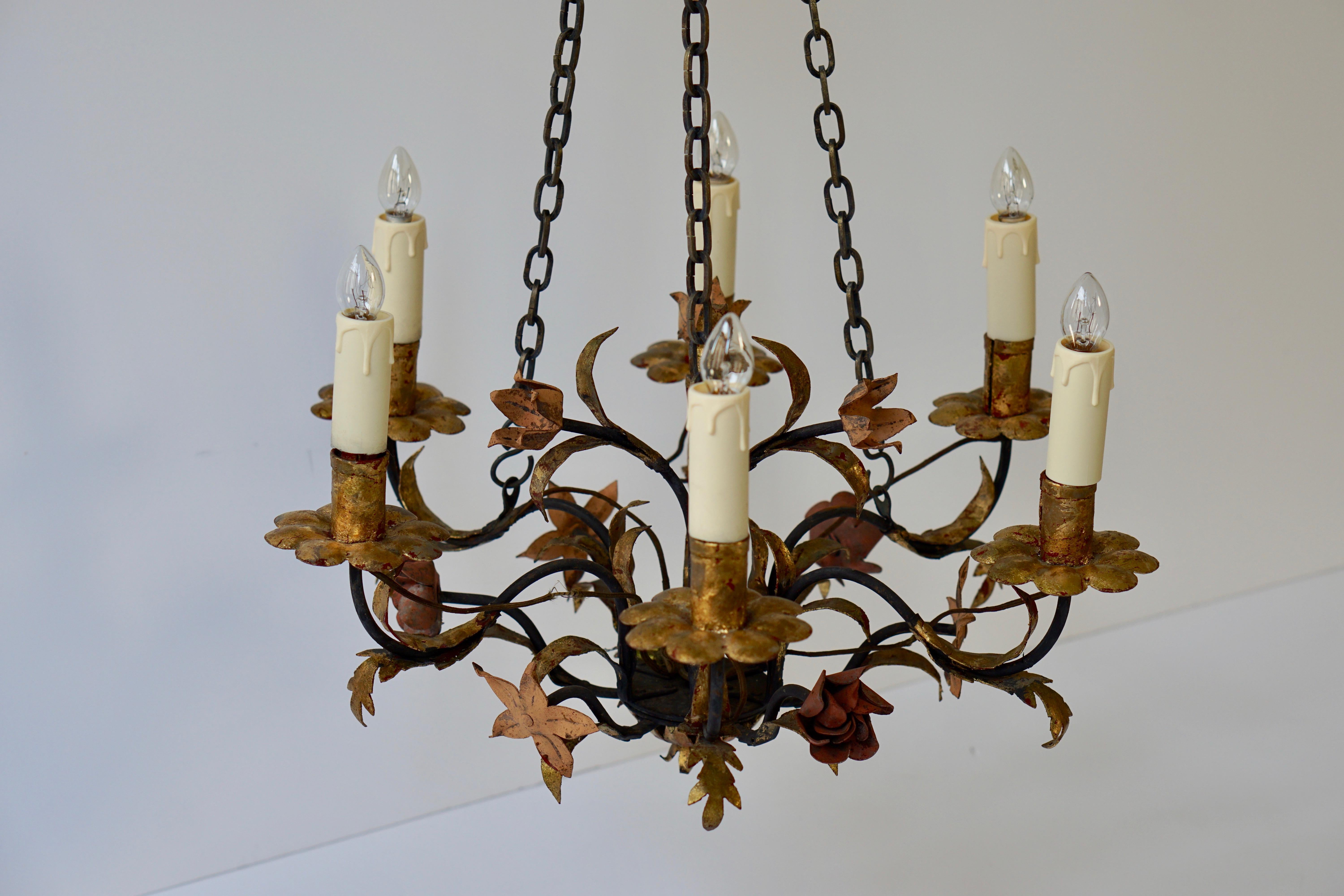 20th Century Italian Metal Painted and Gilt Six-Light Chandelier with Flowers