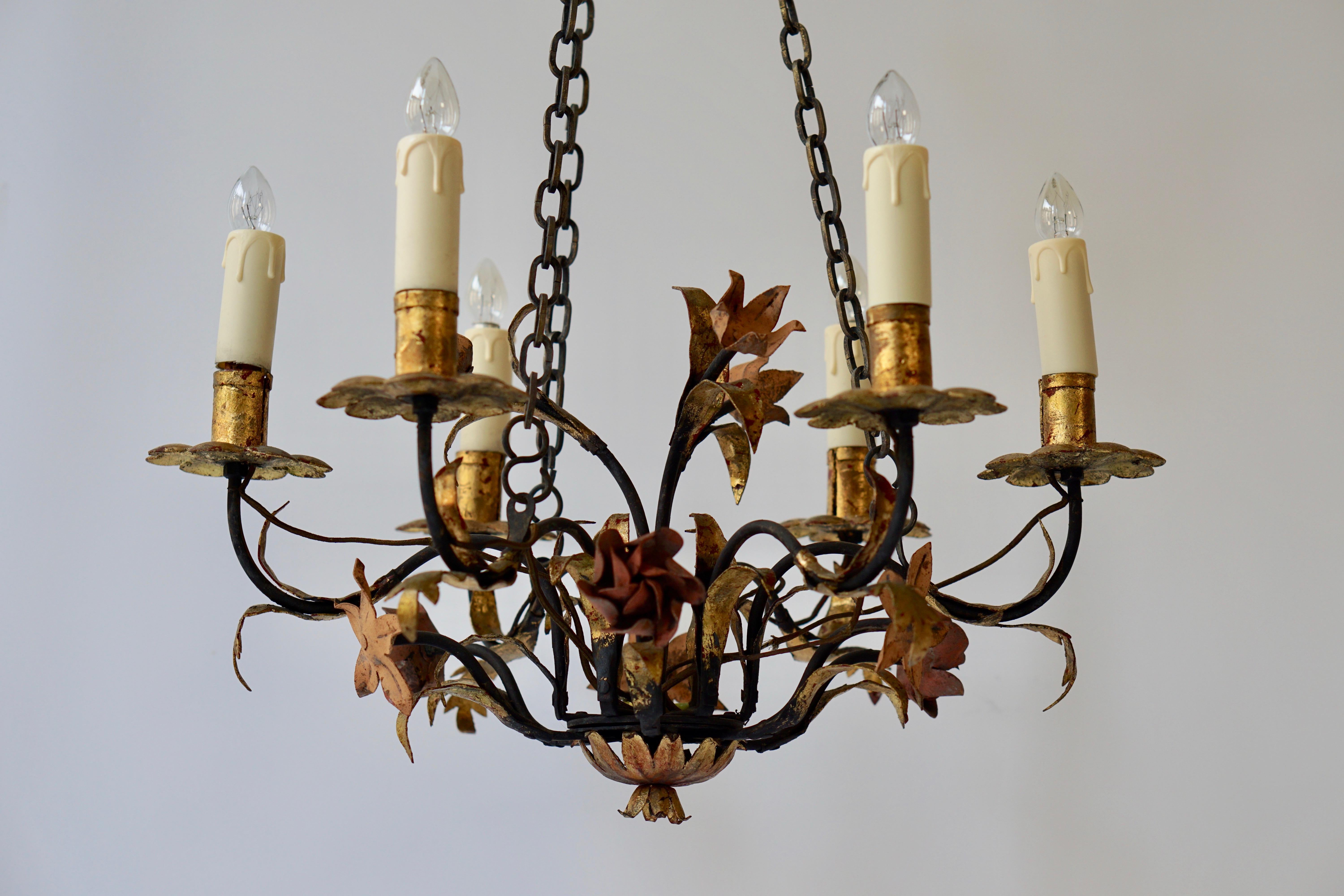 Italian Metal Painted and Gilt Six-Light Chandelier with Flowers 1