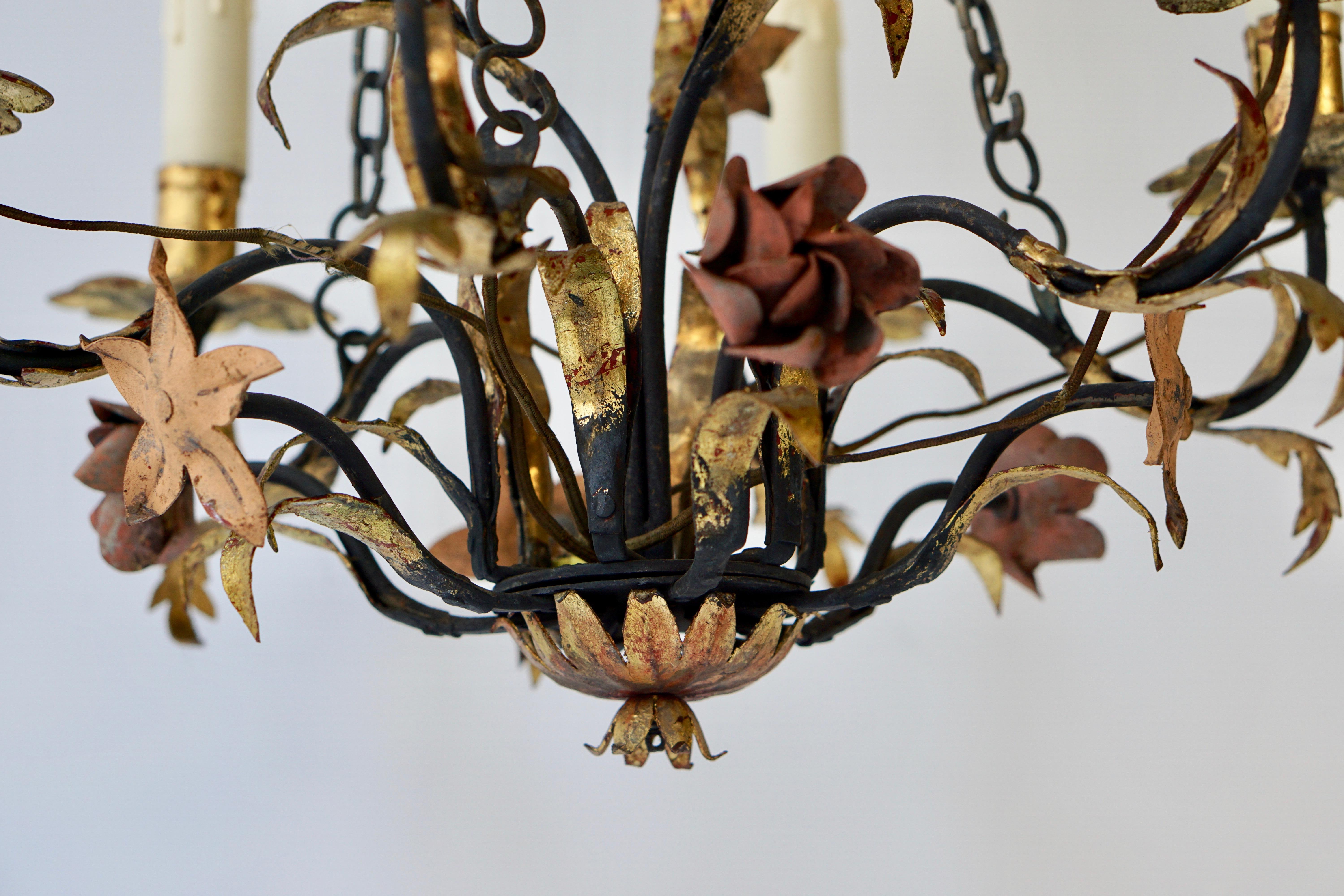Italian Metal Painted and Gilt Six-Light Chandelier with Flowers 2