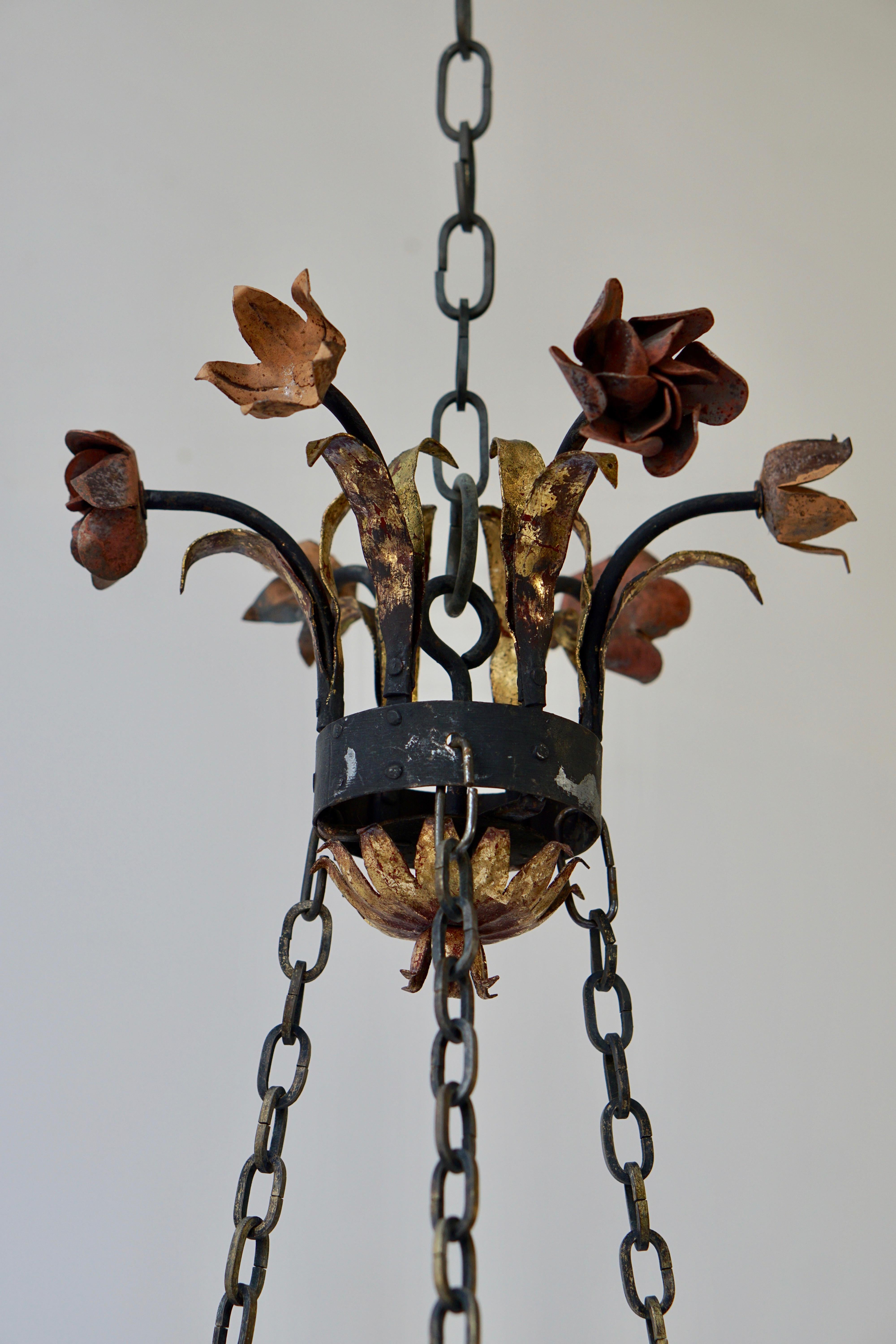 Italian Metal Painted and Gilt Six-Light Chandelier with Flowers 3