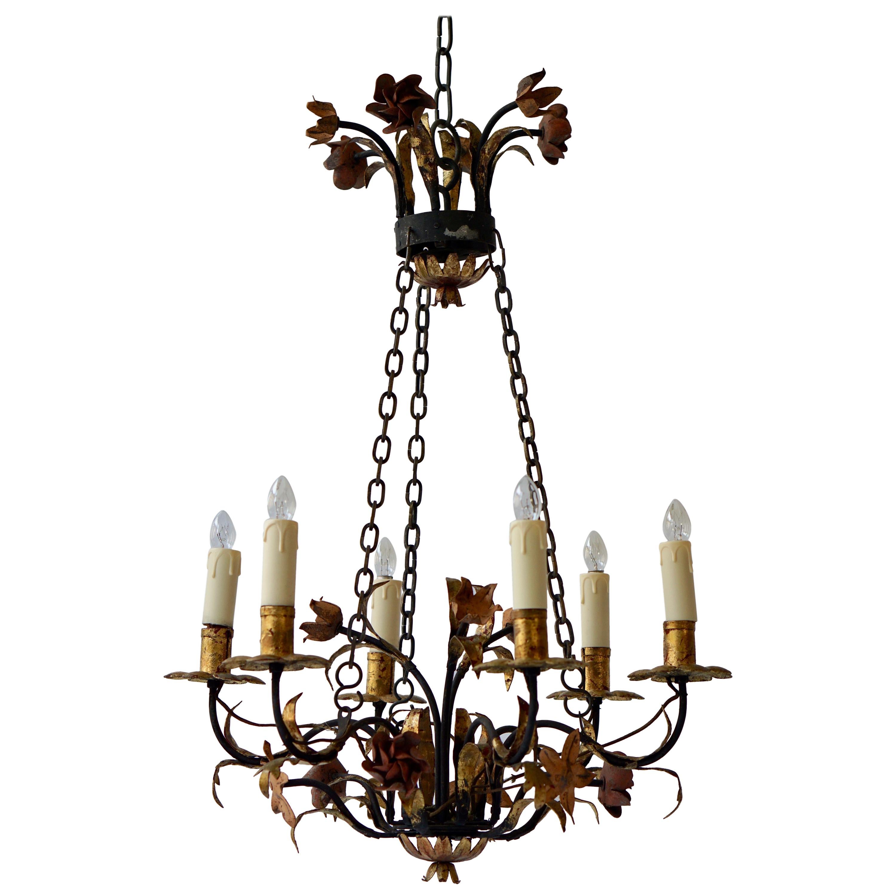 Italian Metal Painted and Gilt Six-Light Chandelier with Flowers
