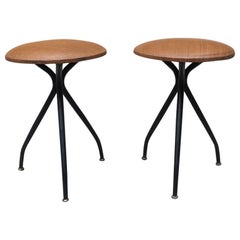 Italian Metal Rod and Brown Faux Leather Stools, 1960s