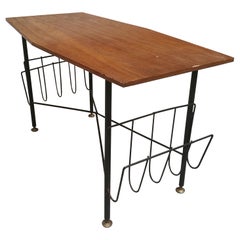 Italian Metal Rod Paw and Wood Table, with Two Magazine Rack, 1950s