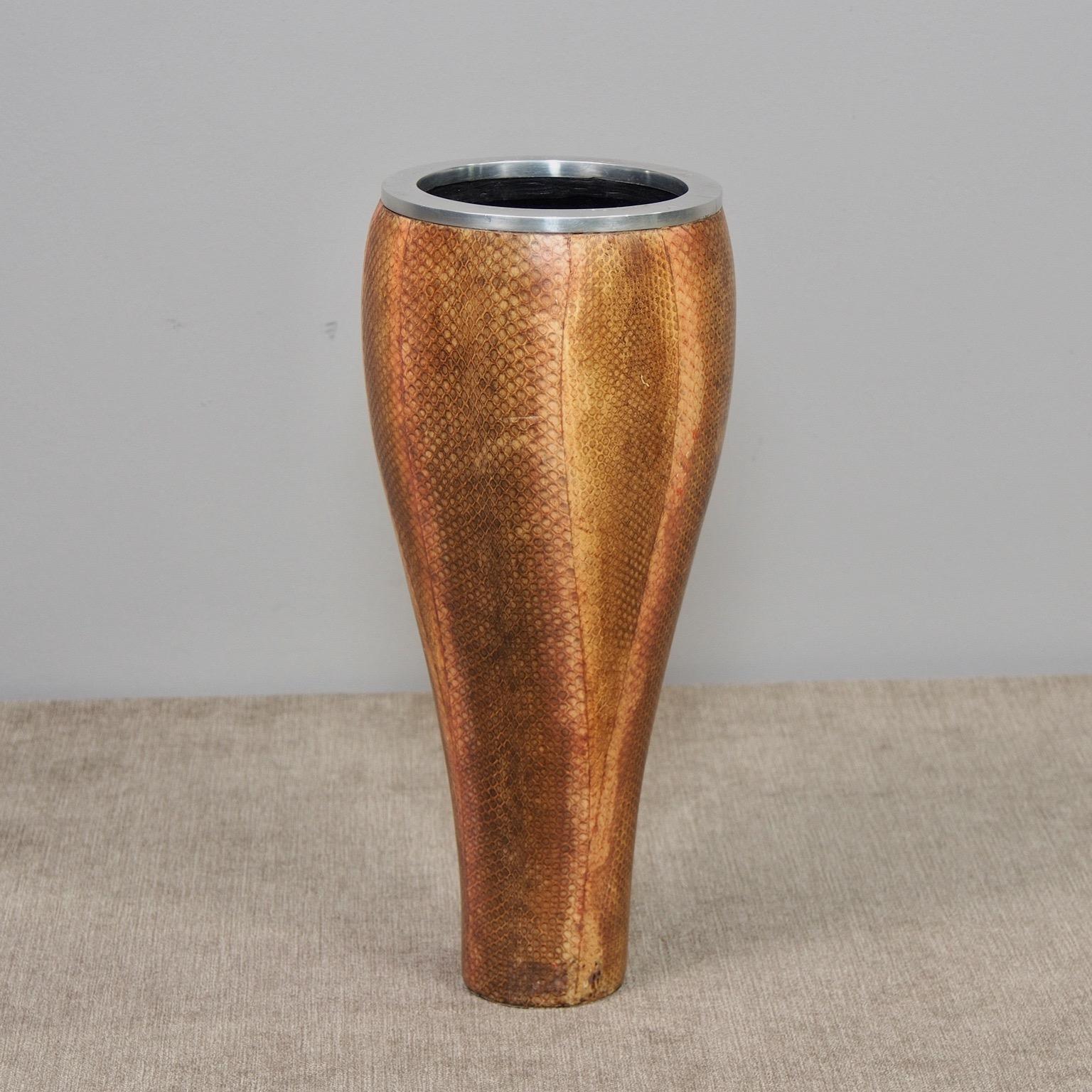 Contemporary Italian Metal Vase Covered in Hand Painted Snakeskin