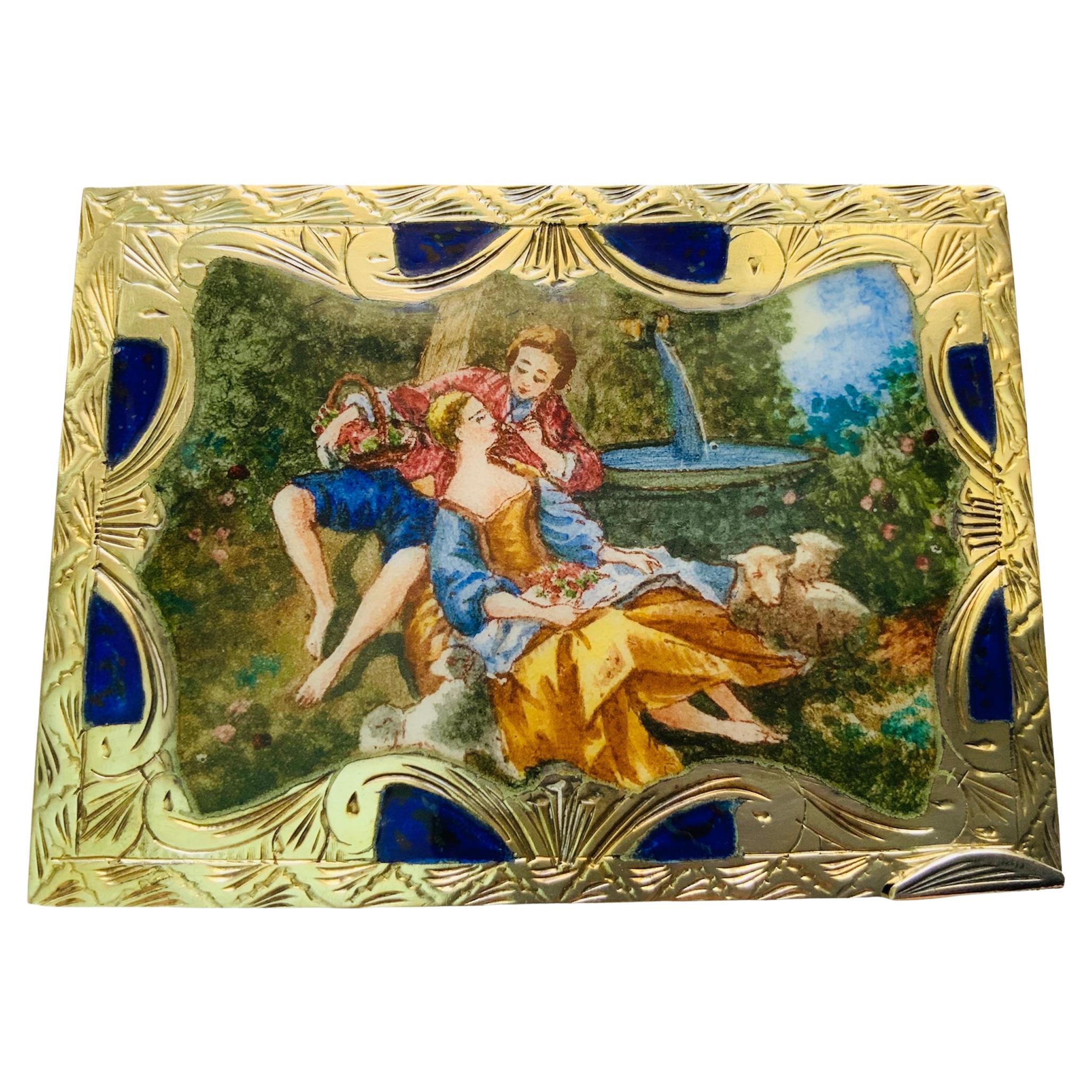 Estuche Compacto Cuadrado de Metal Vermeil Italiano con Barra de Labios en venta