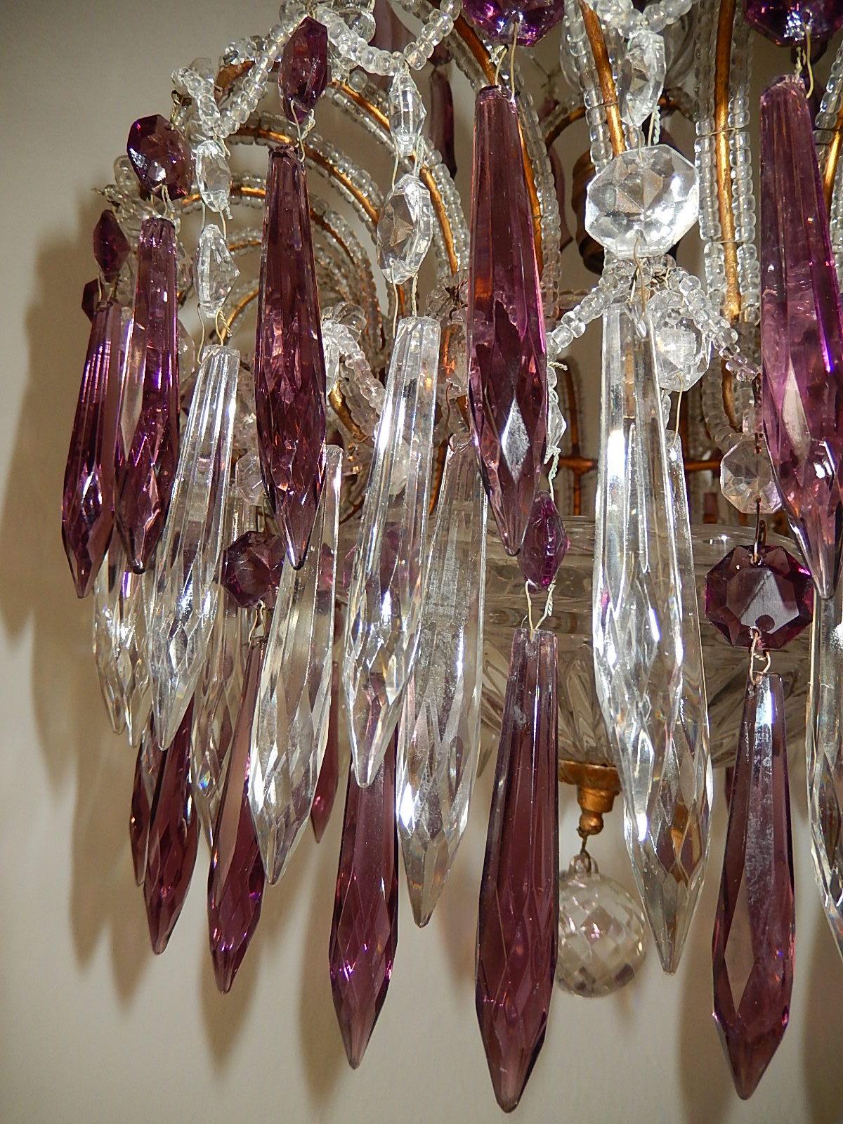 Italian Micro-Beaded Amethyst Crystal Prisms Chandelier For Sale 6