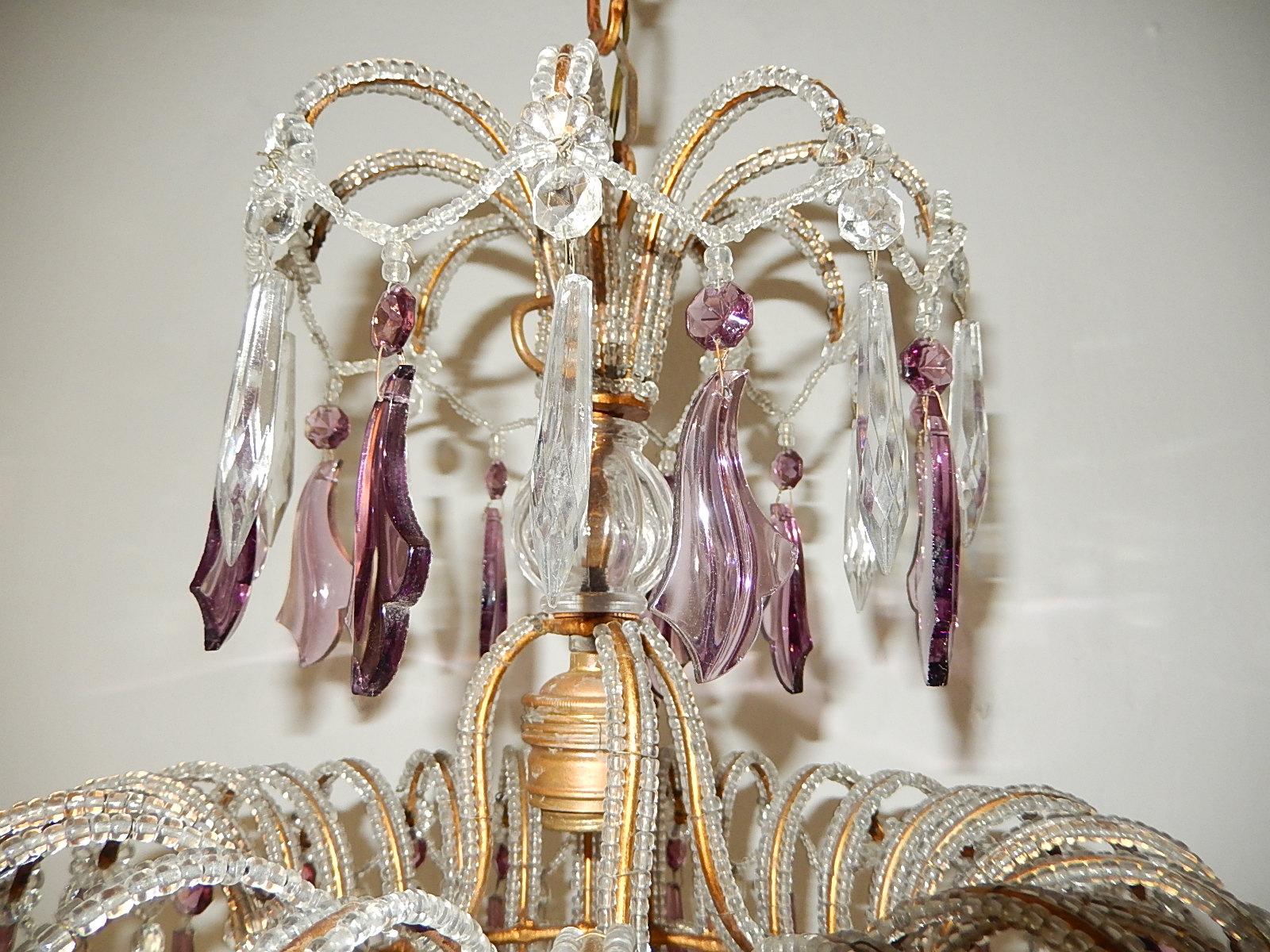 Early 20th Century Italian Micro-Beaded Amethyst Crystal Prisms Chandelier For Sale
