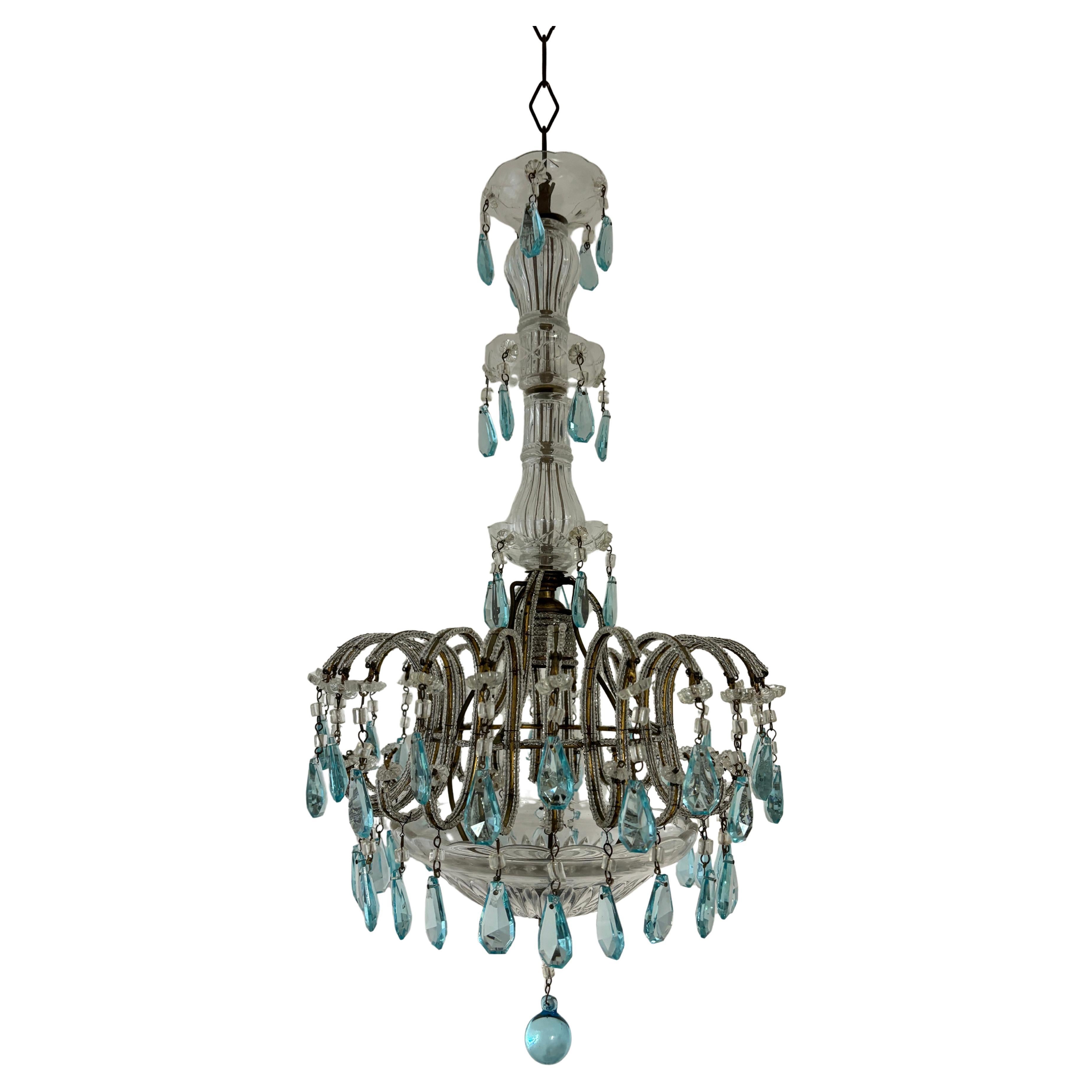 Italienische Mikro-Perlen Aqua Blue Prisms Crystal Murano Kronleuchter Rare c1940