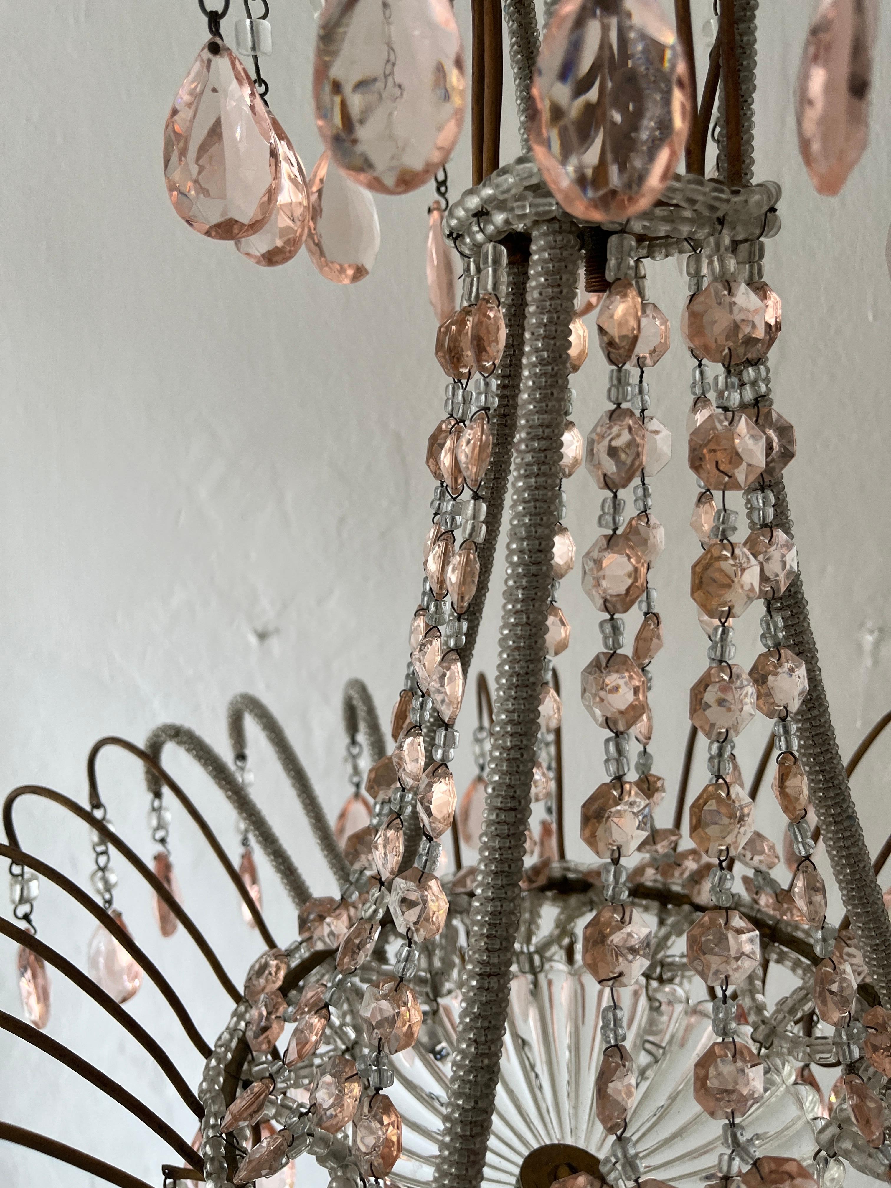 Italian Micro-Beaded Pink Prisms Crystal Chandelier Rare c1920 For Sale 6
