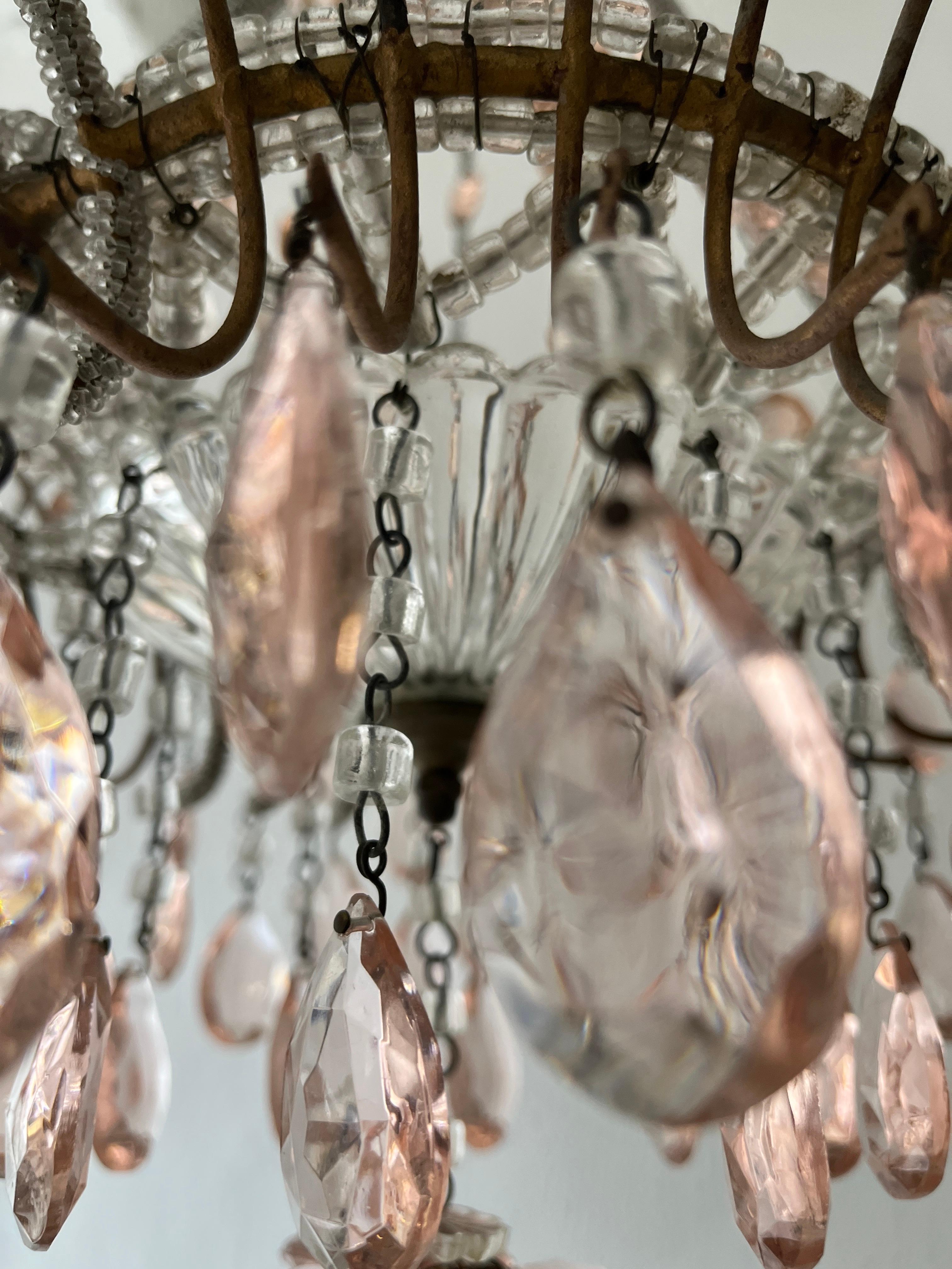 Italian Micro-Beaded Pink Prisms Crystal Chandelier Rare c1920 For Sale 7