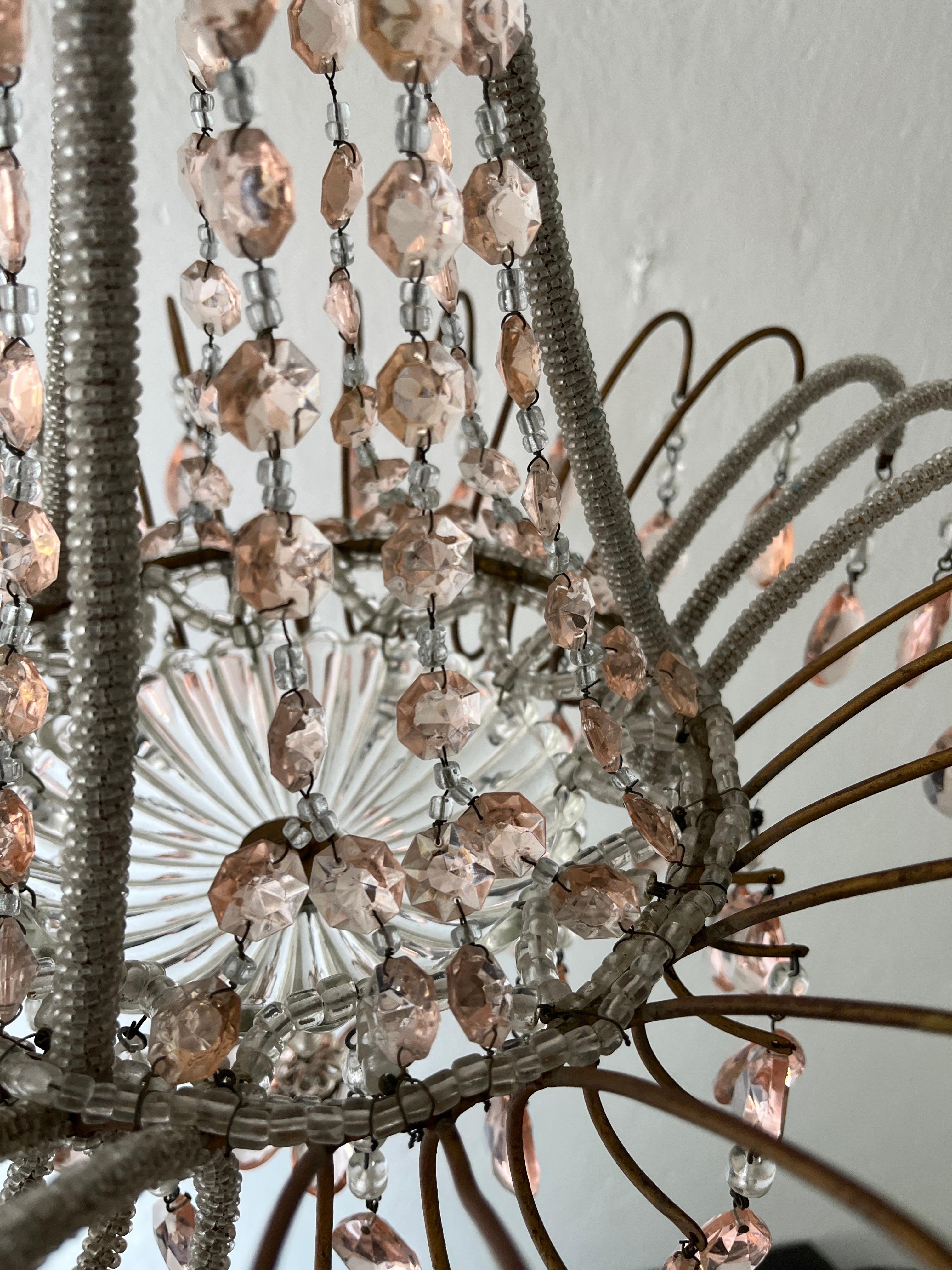 Italian Micro-Beaded Pink Prisms Crystal Chandelier Rare c1920 For Sale 8