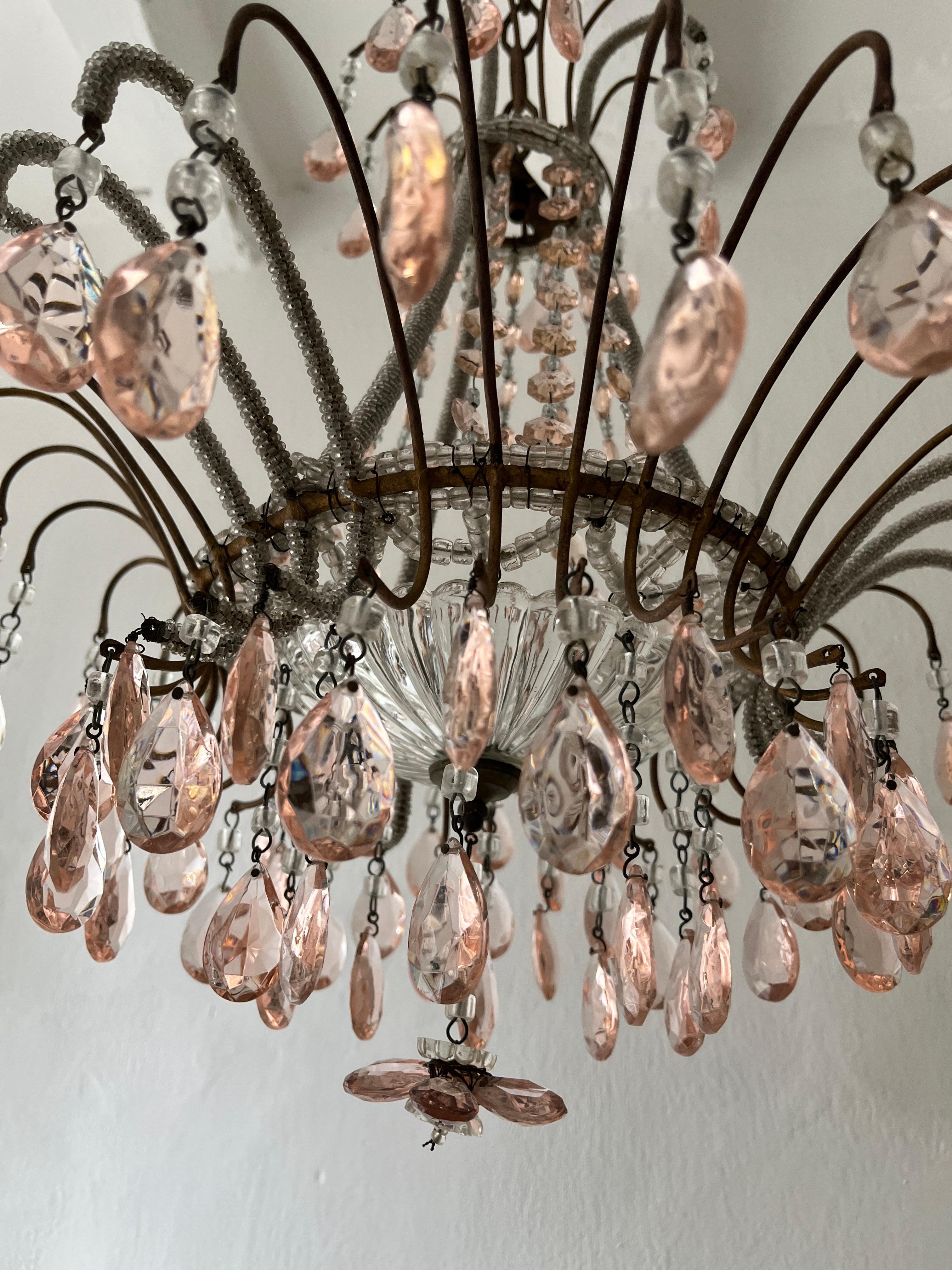 Italian Micro-Beaded Pink Prisms Crystal Chandelier Rare c1920 For Sale 10