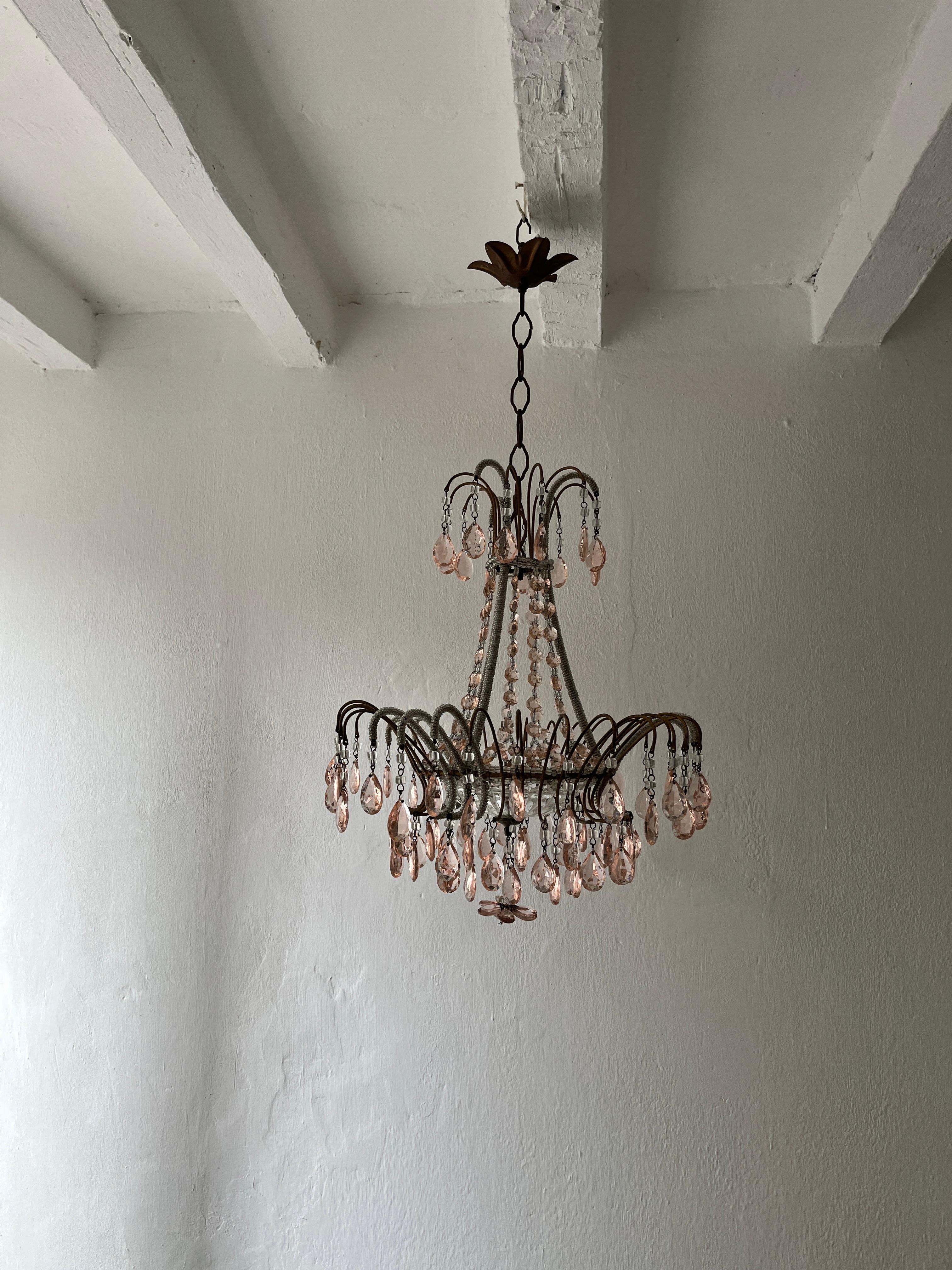 Italian Micro-Beaded Pink Prisms Crystal Chandelier Rare c1920 For Sale 11