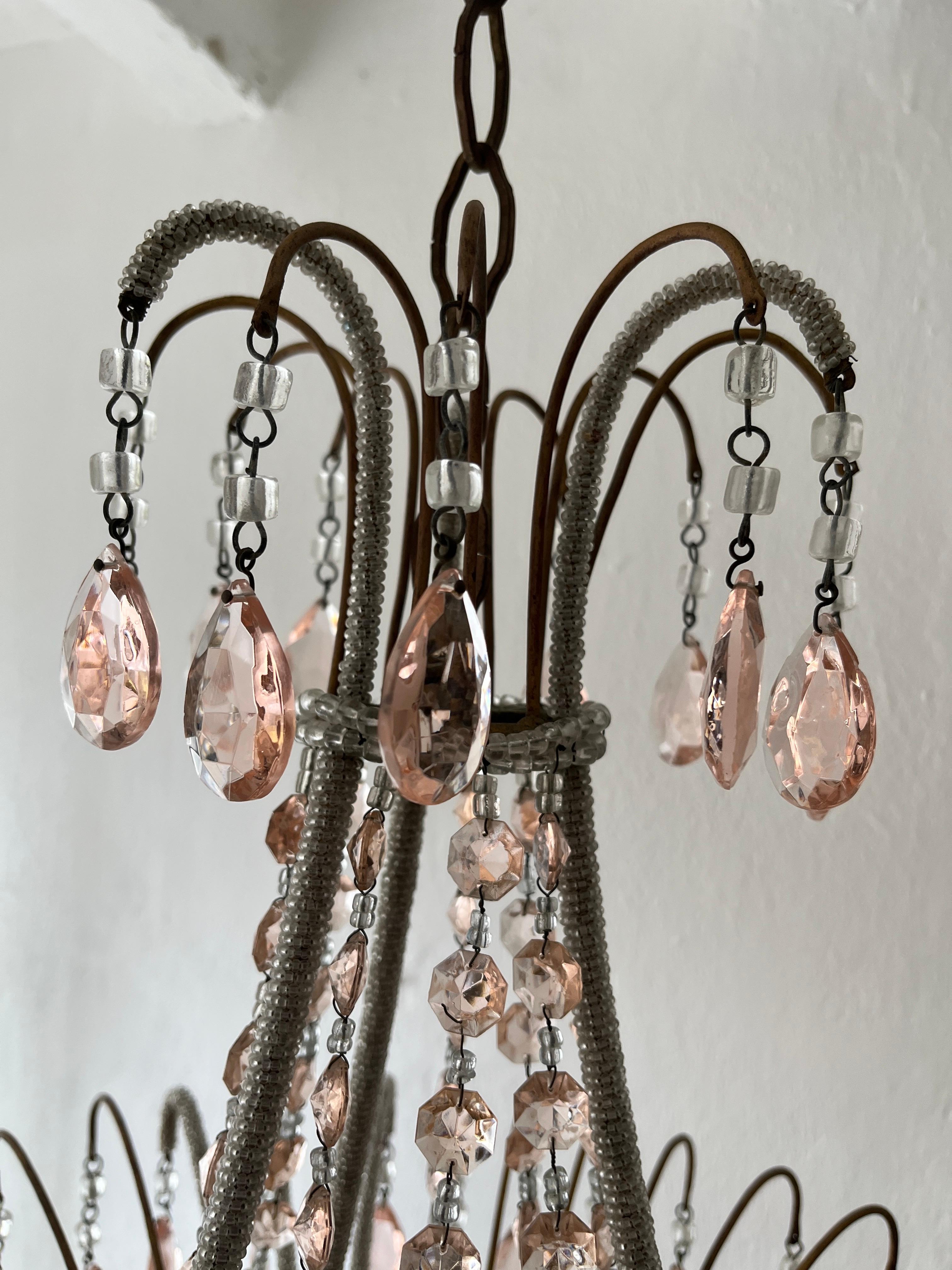 Italian Micro-Beaded Pink Prisms Crystal Chandelier Rare c1920 In Good Condition For Sale In Modena (MO), Modena (Mo)