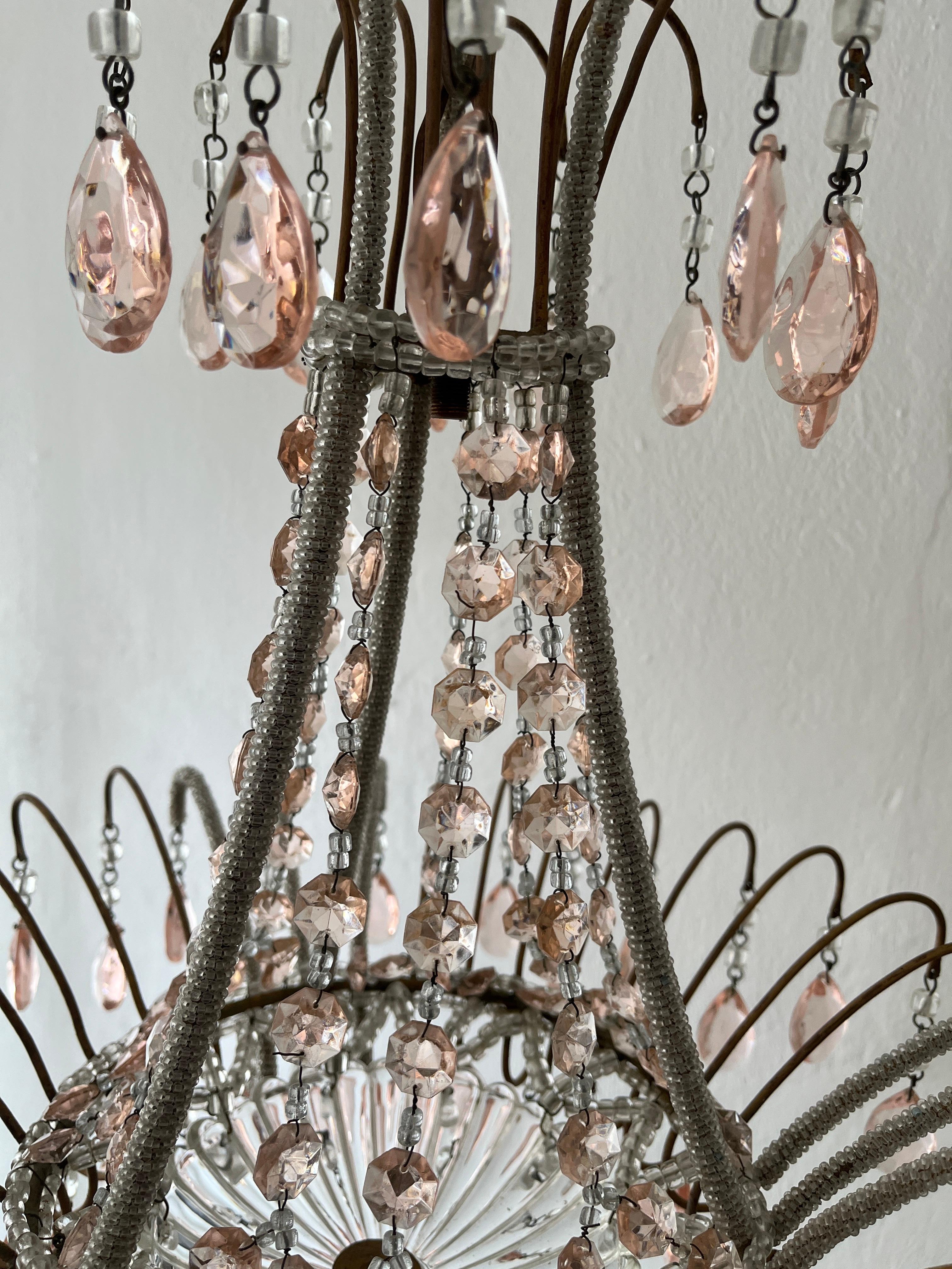 Early 20th Century Italian Micro-Beaded Pink Prisms Crystal Chandelier Rare c1920 For Sale